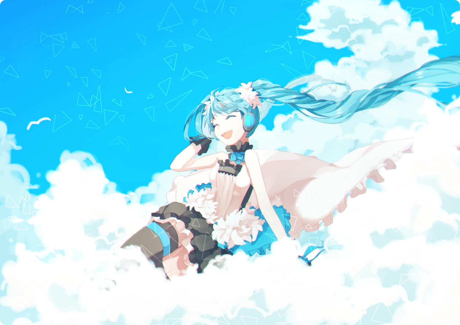 7th_dragon 7th_dragon_2020 hatsune_miku headphones hisu_(hiss_1107) thighhighs vocaloid