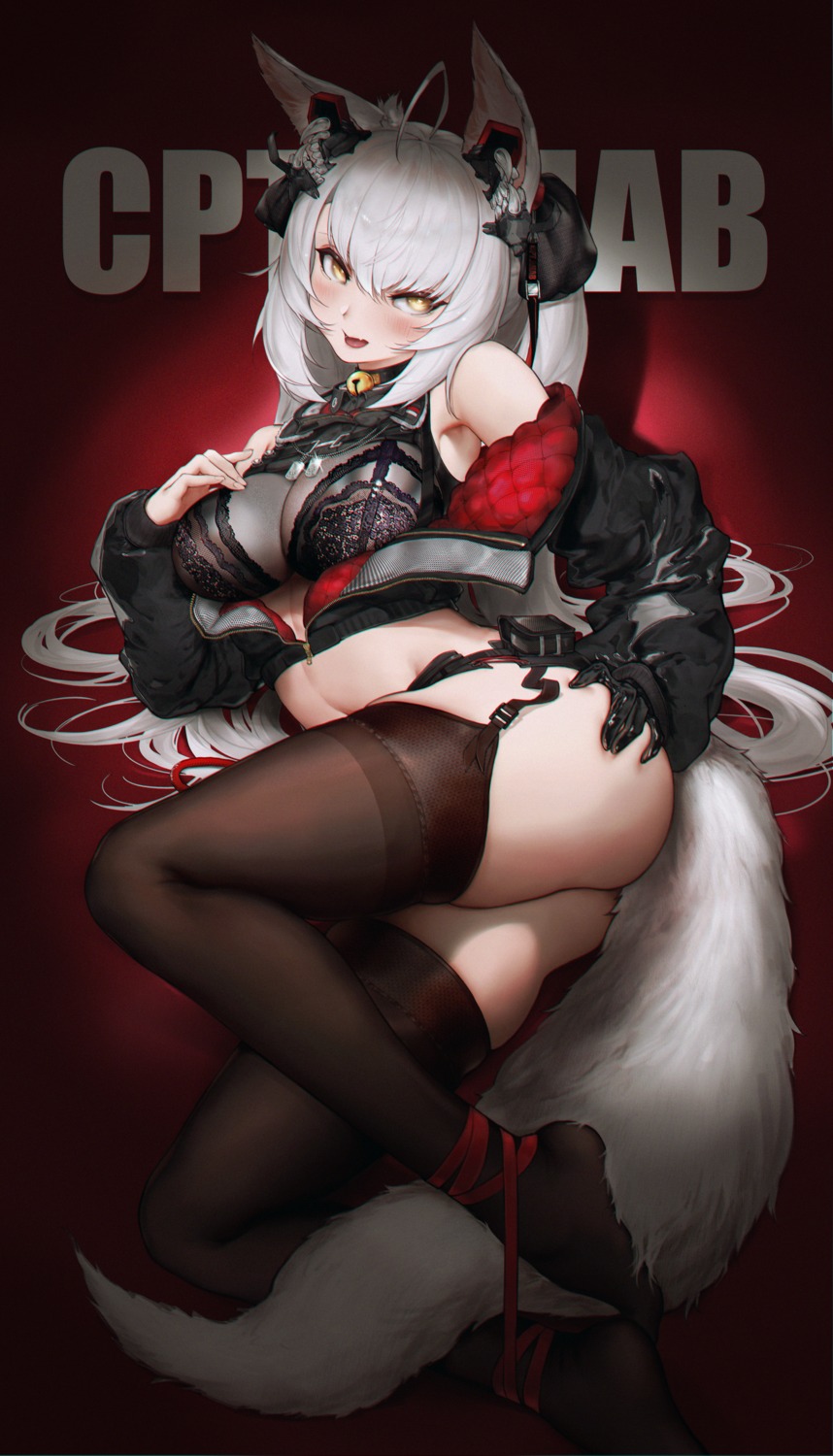 animal_ears bra kitsune l_ract see_through stockings tail thighhighs