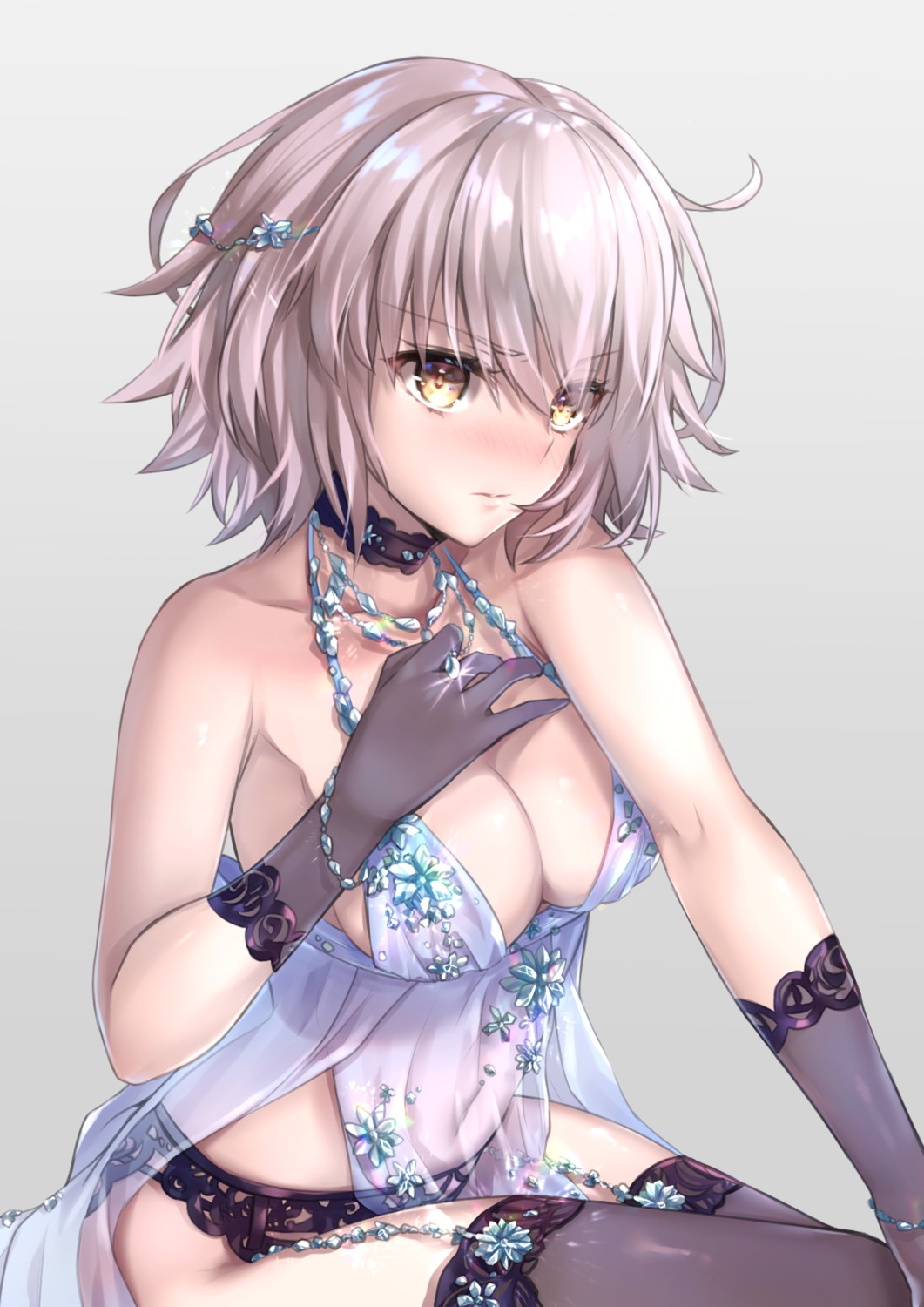 breast_hold cleavage cosplay fate/grand_order hane_yuki jeanne_d'arc jeanne_d'arc_(alter)_(fate) lingerie no_bra see_through stockings thighhighs