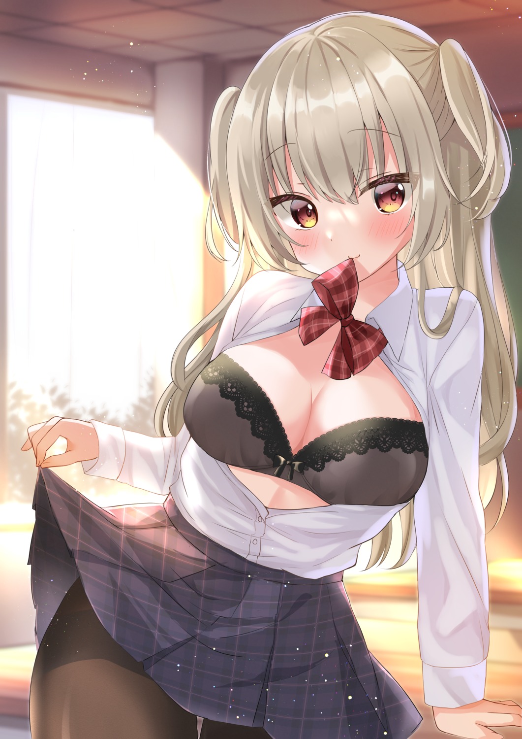 bra hamico open_shirt pantyhose seifuku skirt_lift