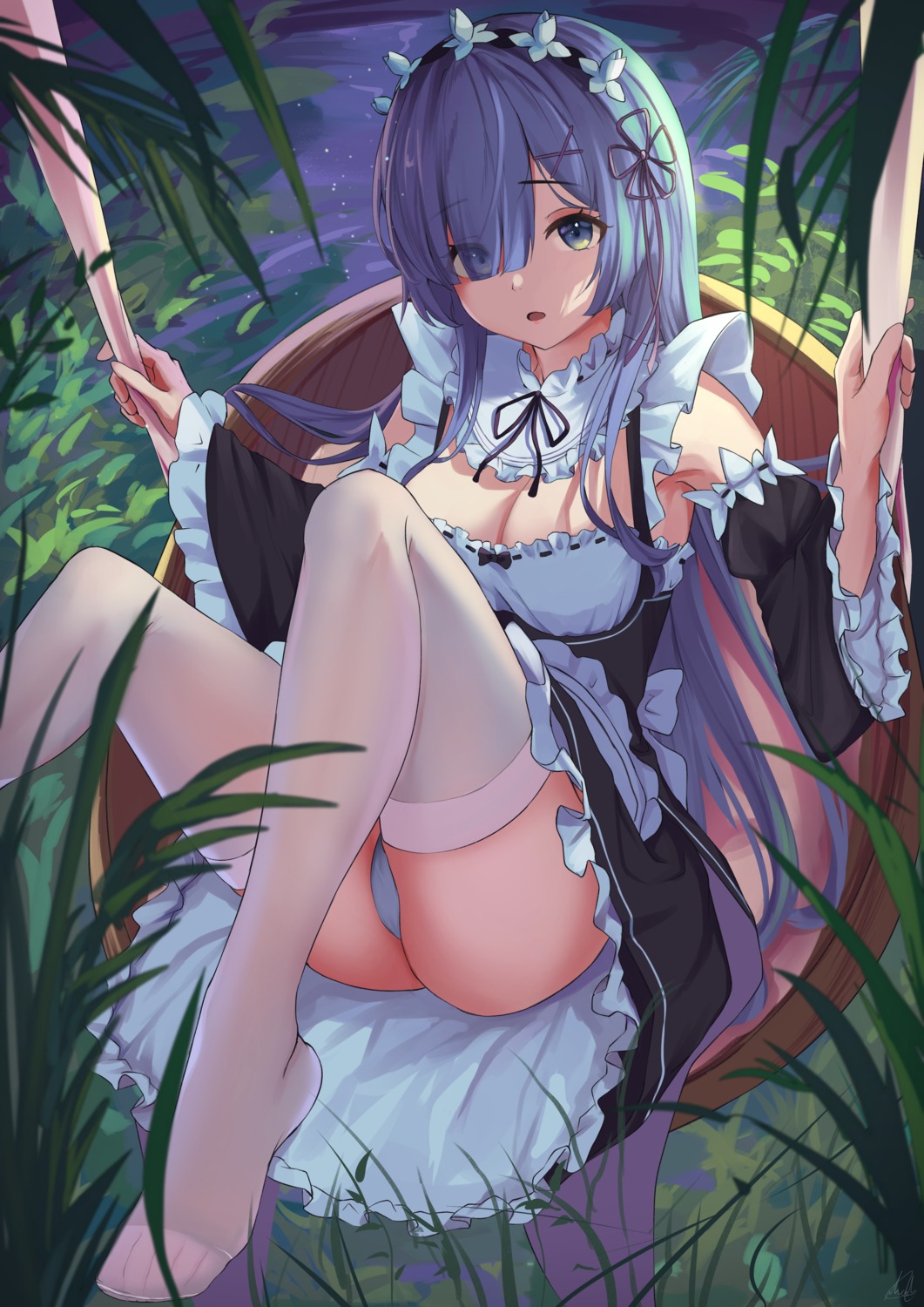 cameltoe feet maid nev_(nevblindarts) pantsu re_zero_kara_hajimeru_isekai_seikatsu rem_(re_zero) skirt_lift thighhighs thong