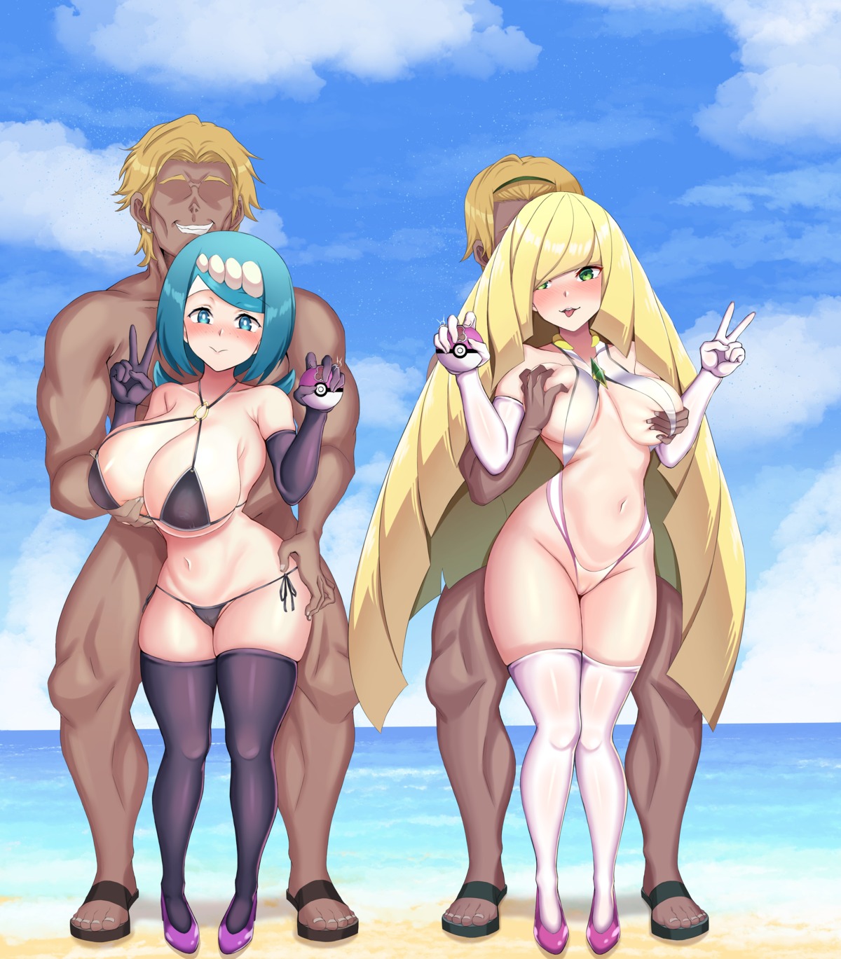 bikini breast_grab cameltoe lusamine_(pokemon) moni_pai pokemon pokemon_sm pokemon_usum suirenmama_(pokemon) swimsuits thighhighs