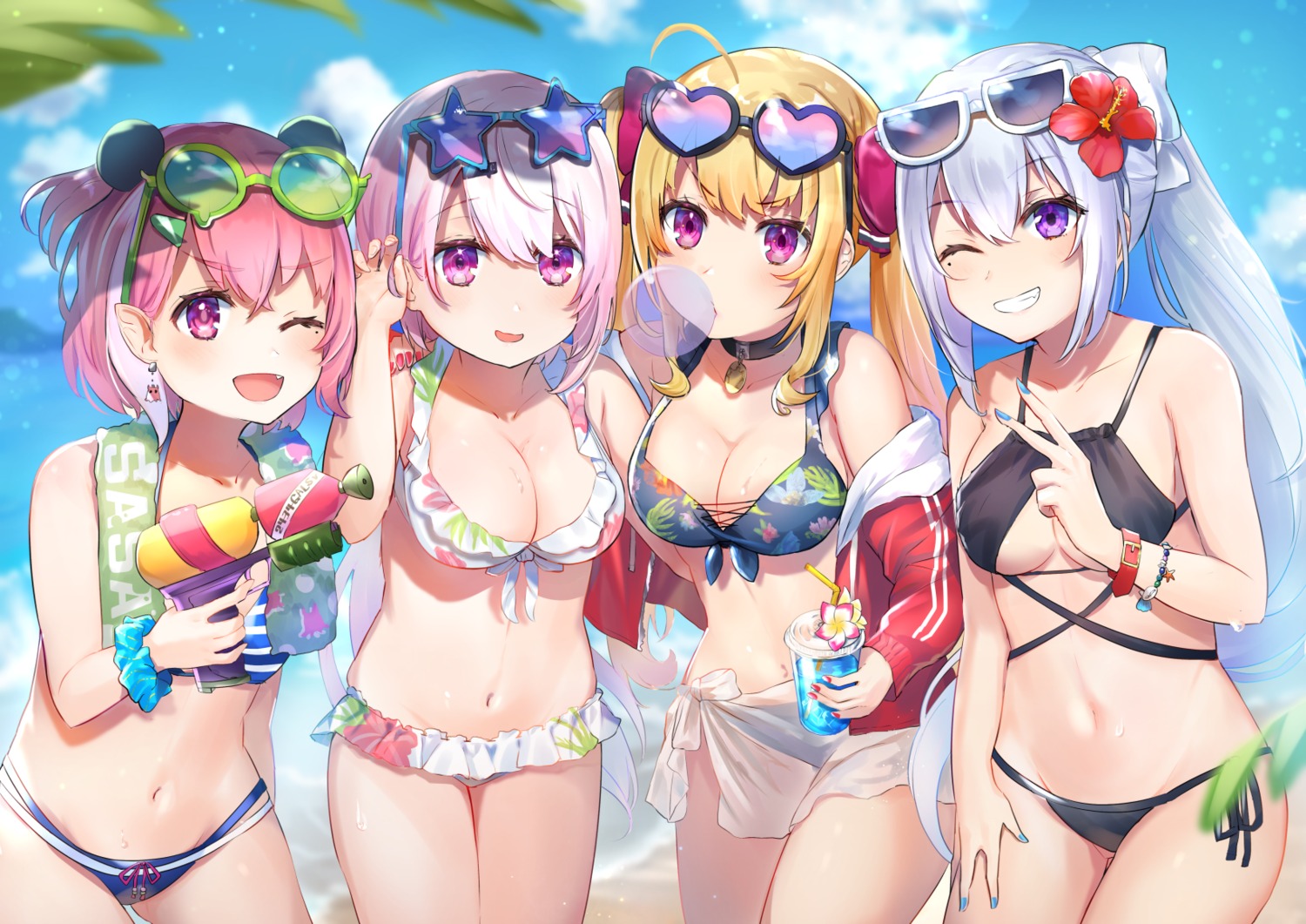 bikini cleavage gun higuchi_kaede megane nijisanji nijisanji_gamers nijisanji_seeds omelet_tomato open_shirt pointy_ears sasaki_saku see_through shiina_yuika swimsuits takamiya_rion