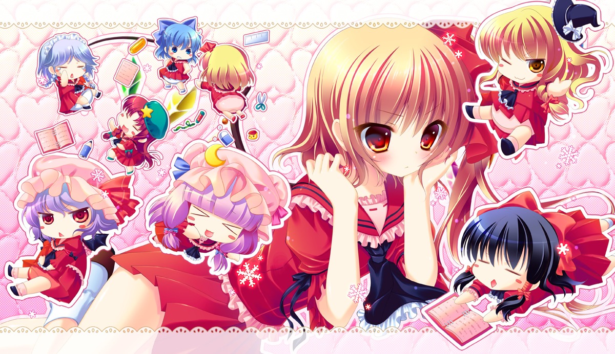 chibi cirno flandre_scarlet hakurei_reimu hong_meiling izayoi_sakuya kirisame_marisa konomi patchouli_knowledge remilia_scarlet rumia seifuku touhou