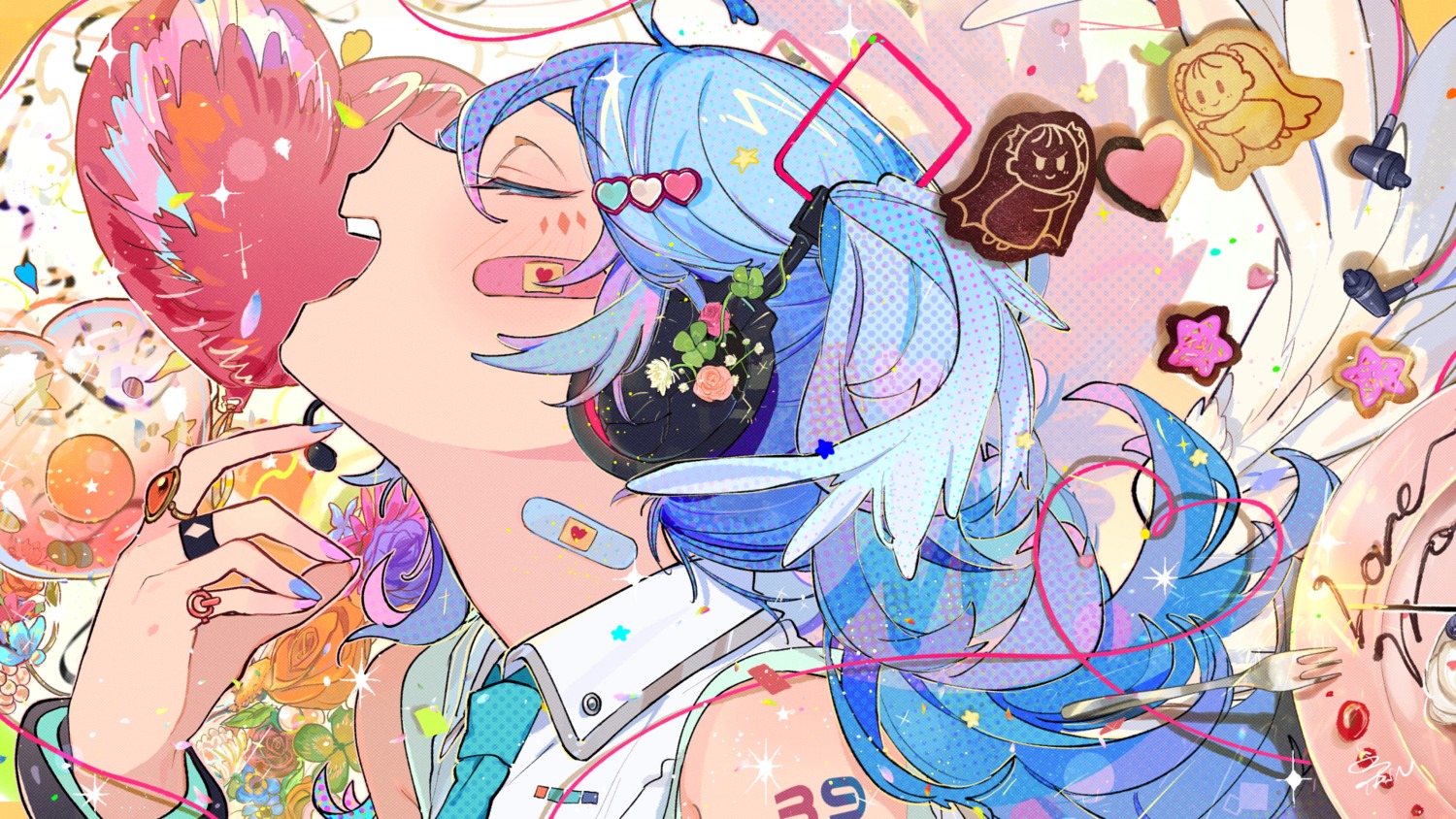 bandaid hachisan_(sink916) hatsune_miku headphones tattoo vocaloid wallpaper