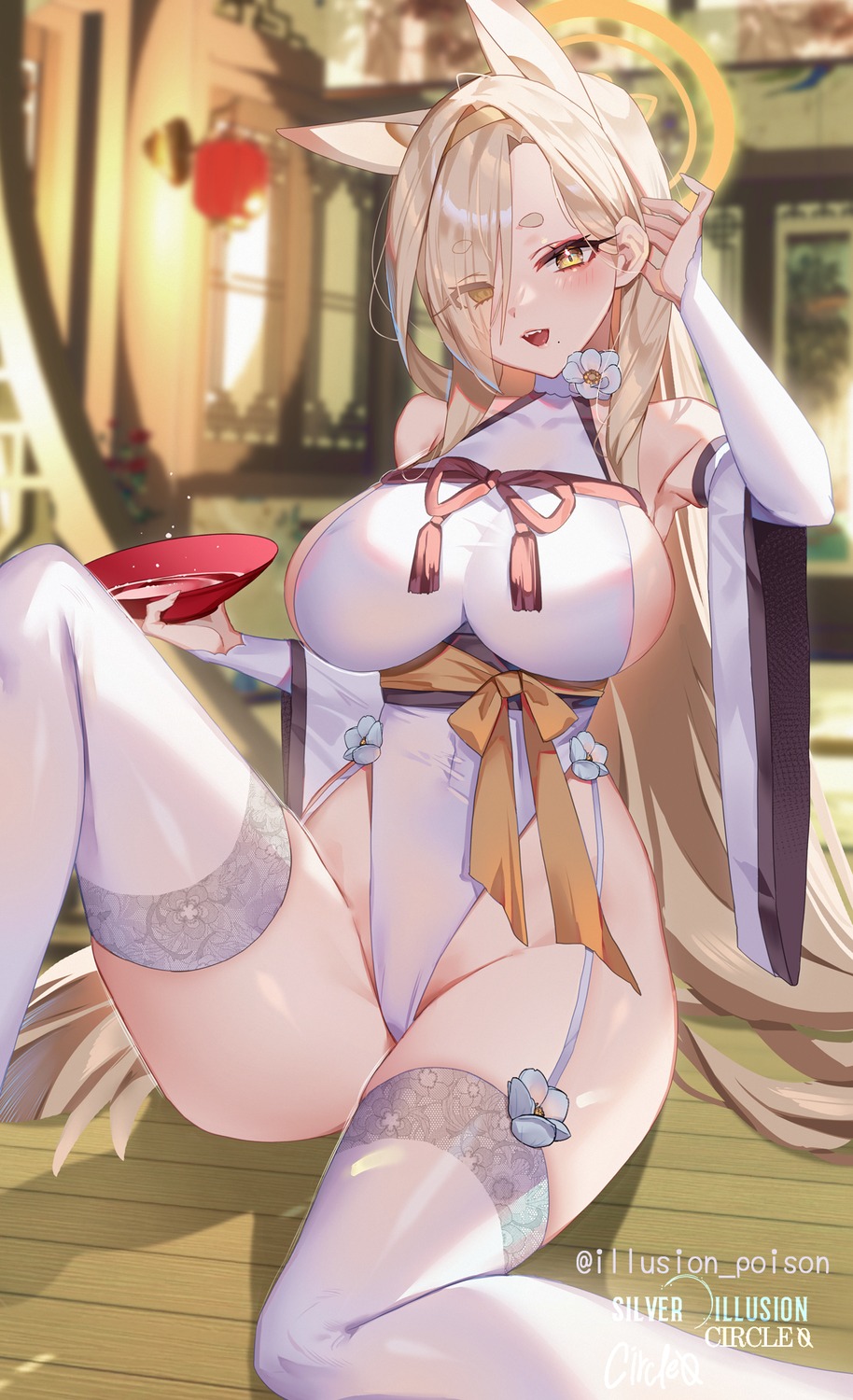 animal_ears blue_archive halo hwansang_jungdog japanese_clothes kitsune kuwakami_kaho leotard no_bra stockings thighhighs