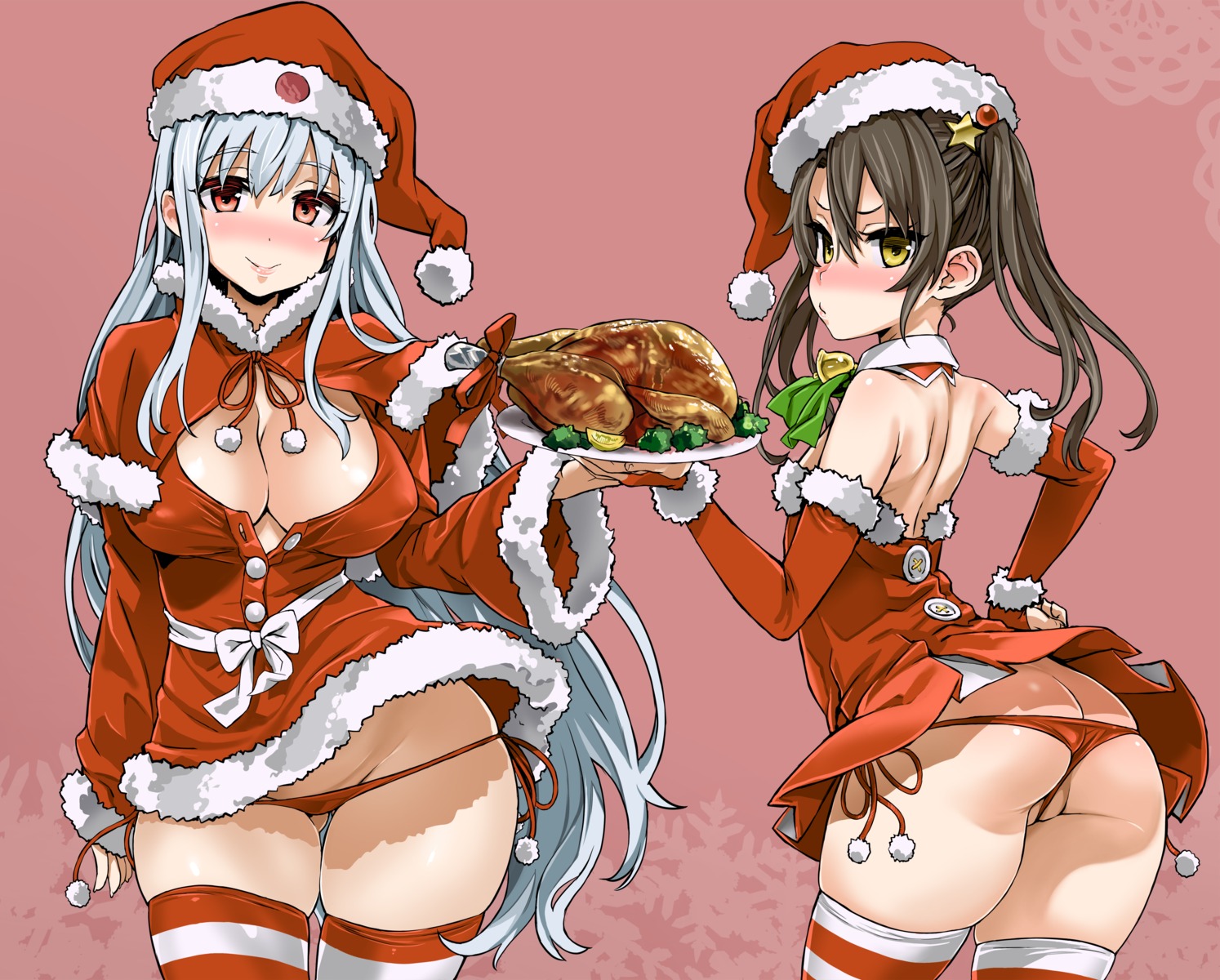 asanagi ass christmas cleavage dress erect_nipples kantai_collection no_bra pantsu shoukaku_(kancolle) string_panties thighhighs wallpaper zuikaku_(kancolle)