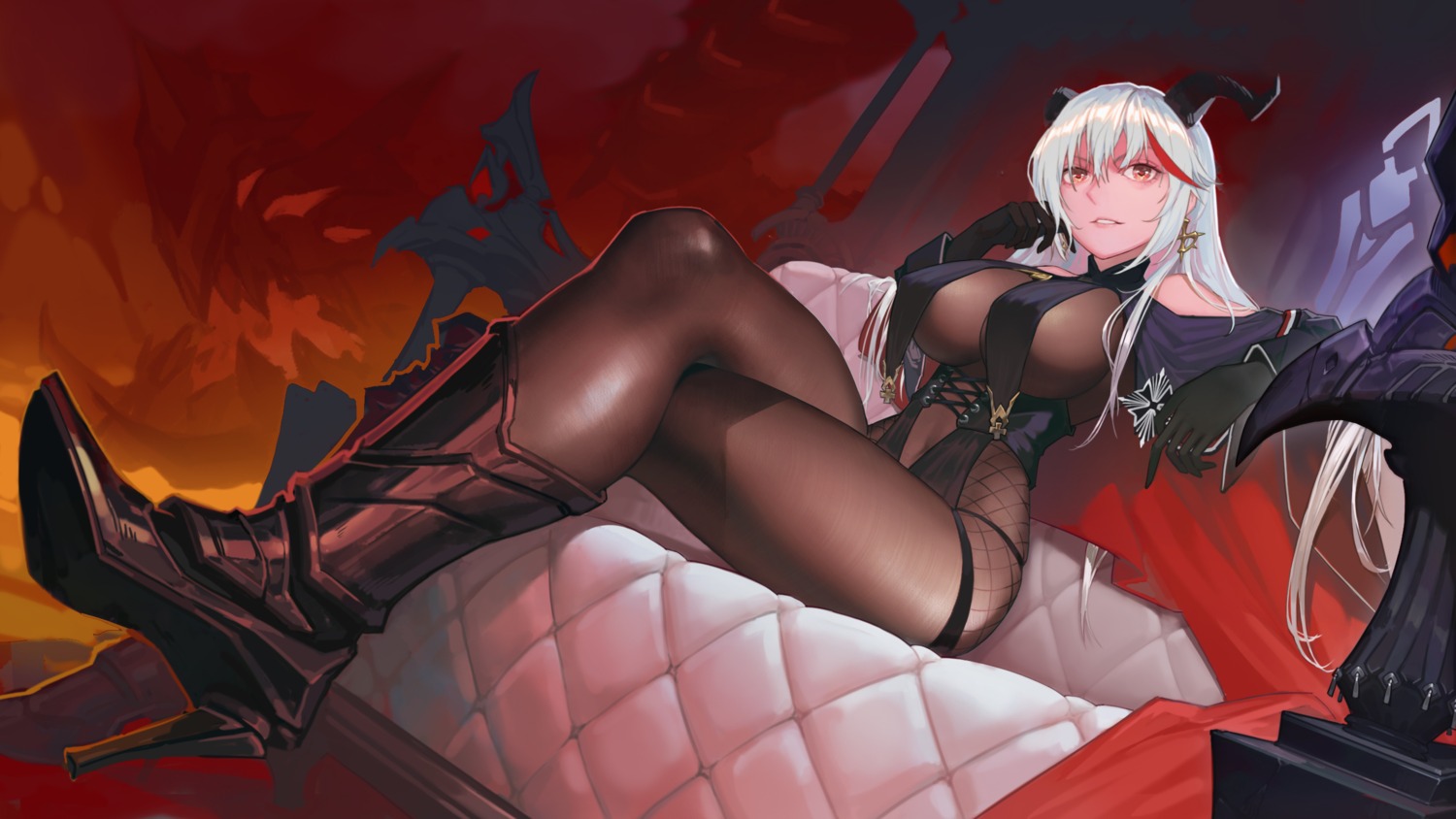 aegir_(azur_lane) azur_lane bodysuit erect_nipples fishnets heels horns wallpaper