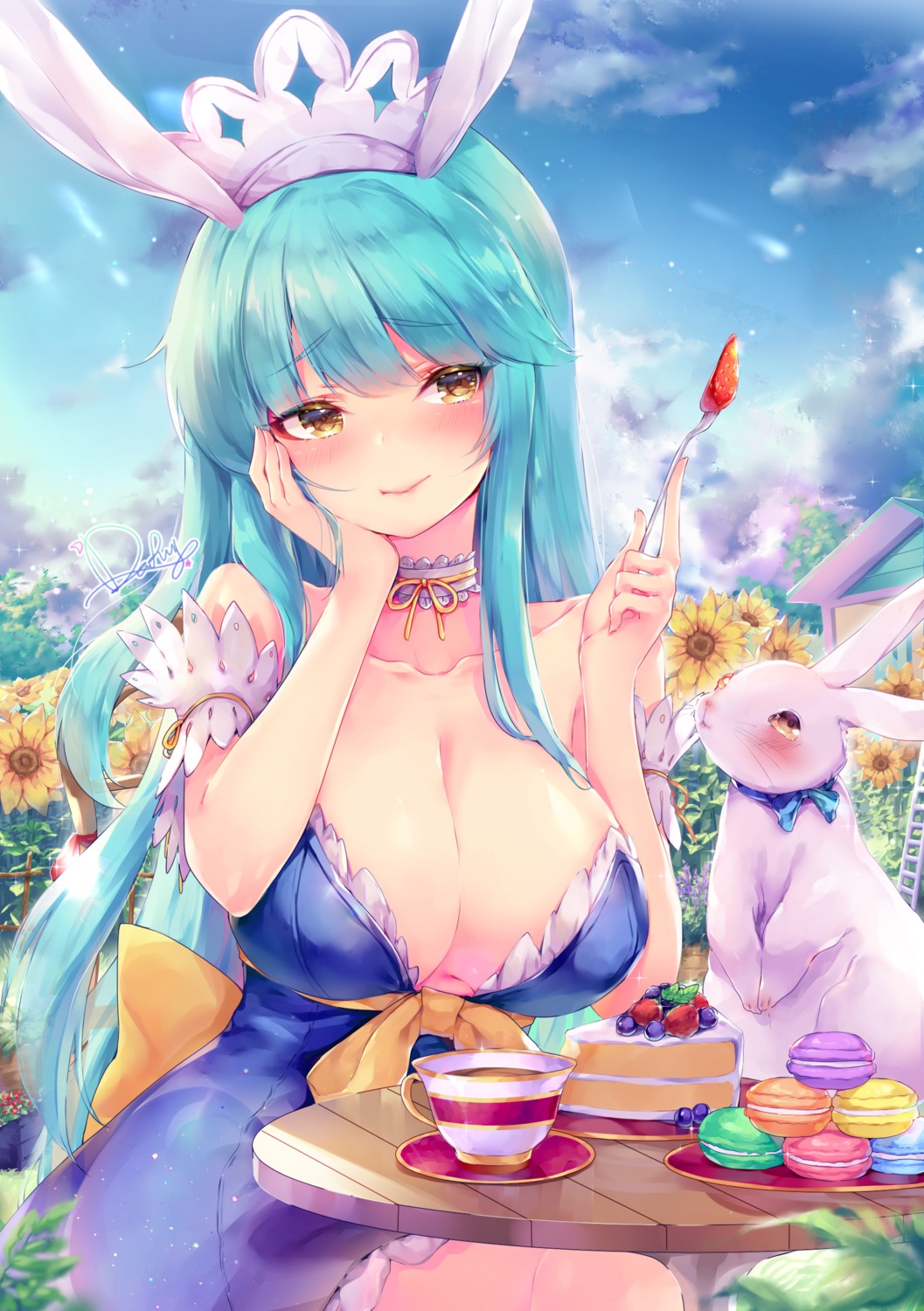 animal_ears bunny_ears cleavage dress no_bra odaefnyo