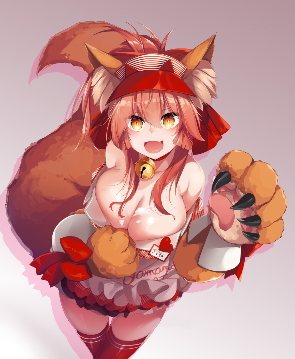 animal_ears cream fate/grand_order kana616 kitsune no_bra open_shirt tail tamamo_cat thighhighs undressing waitress