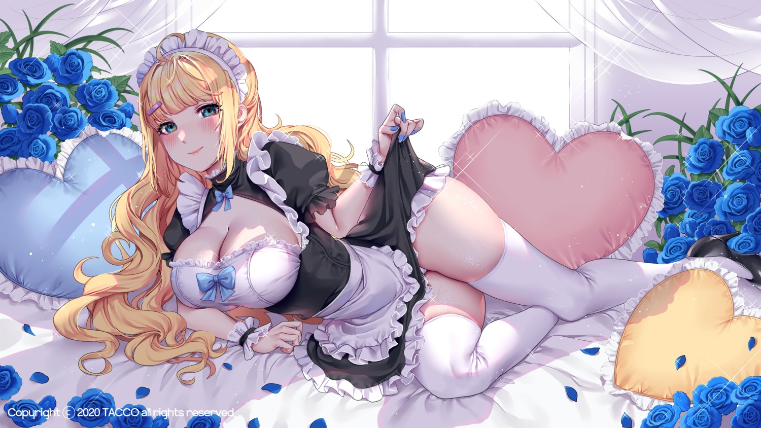 cleavage maid no_bra pantsu skirt_lift tacco_(tikeworld) thighhighs