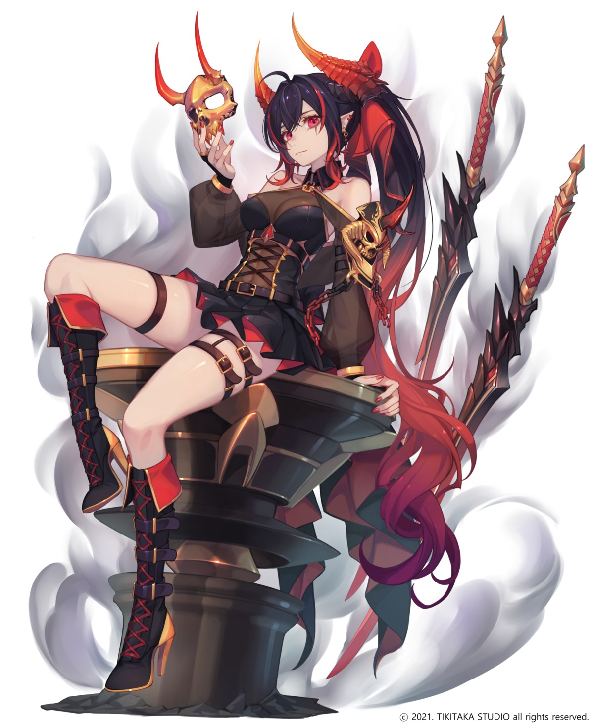 arcana_tactics garter heels horns pointy_ears see_through skirt_lift sword