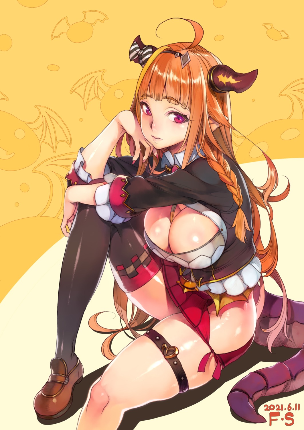 f.s garter hololive horns kiryuu_coco no_bra pointy_ears skirt_lift tail thighhighs