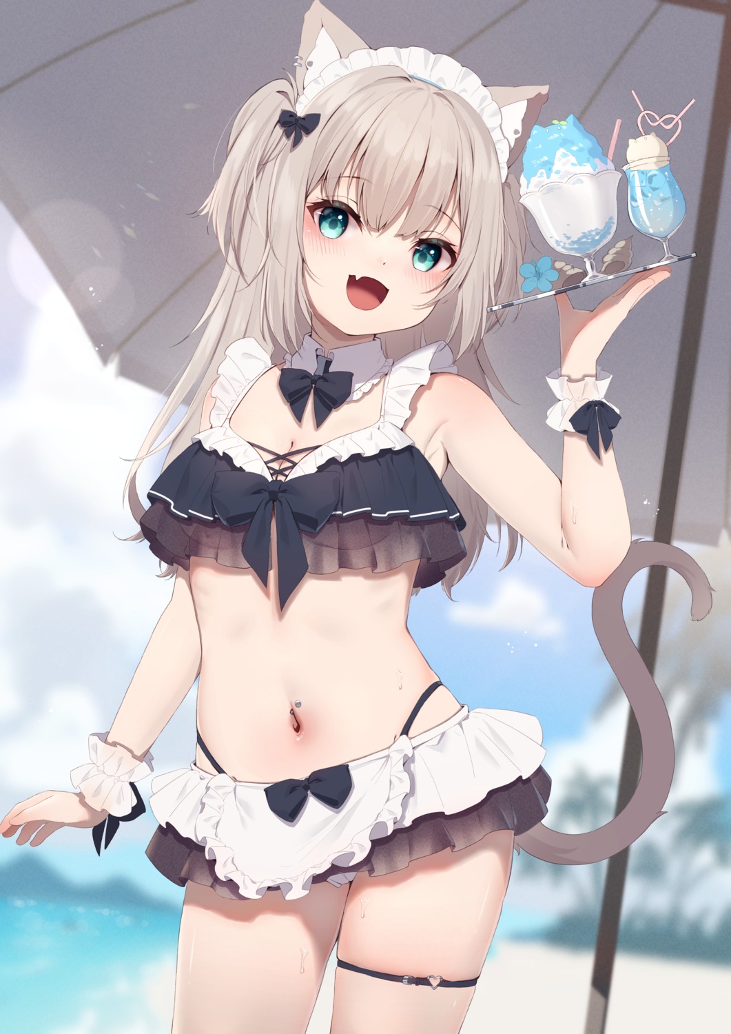 animal_ears bikini cleavage garter hinata_(pixiv53862745) maid nekomimi see_through swimsuits tail waitress