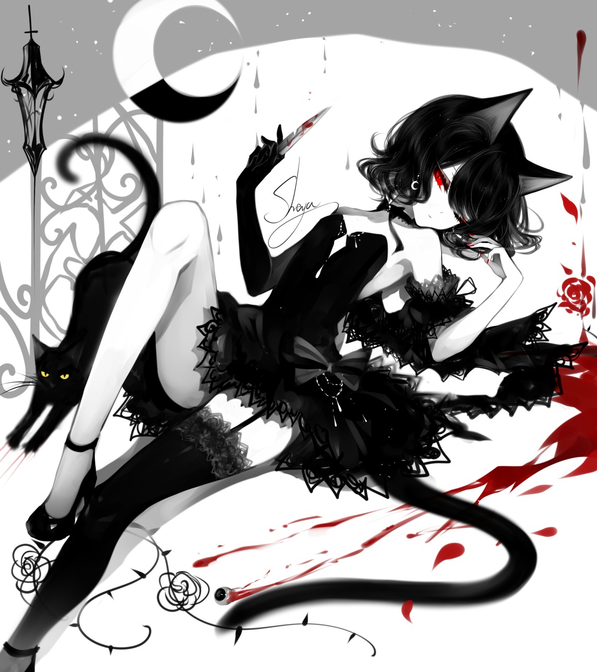 animal_ears blood heels neko nekomimi no_bra sheya stockings tail thighhighs weapon