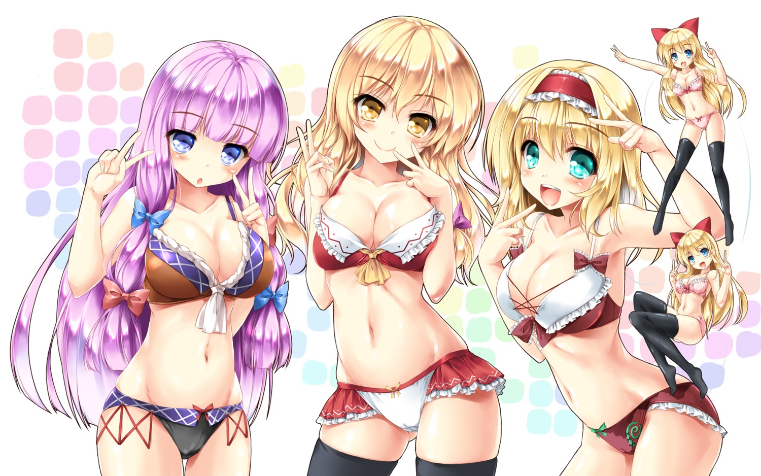 alice_margatroid bra breast_hold cameltoe cleavage kamiya_tomoe kirisame_marisa pantsu patchouli_knowledge shanghai_doll thighhighs touhou wallpaper