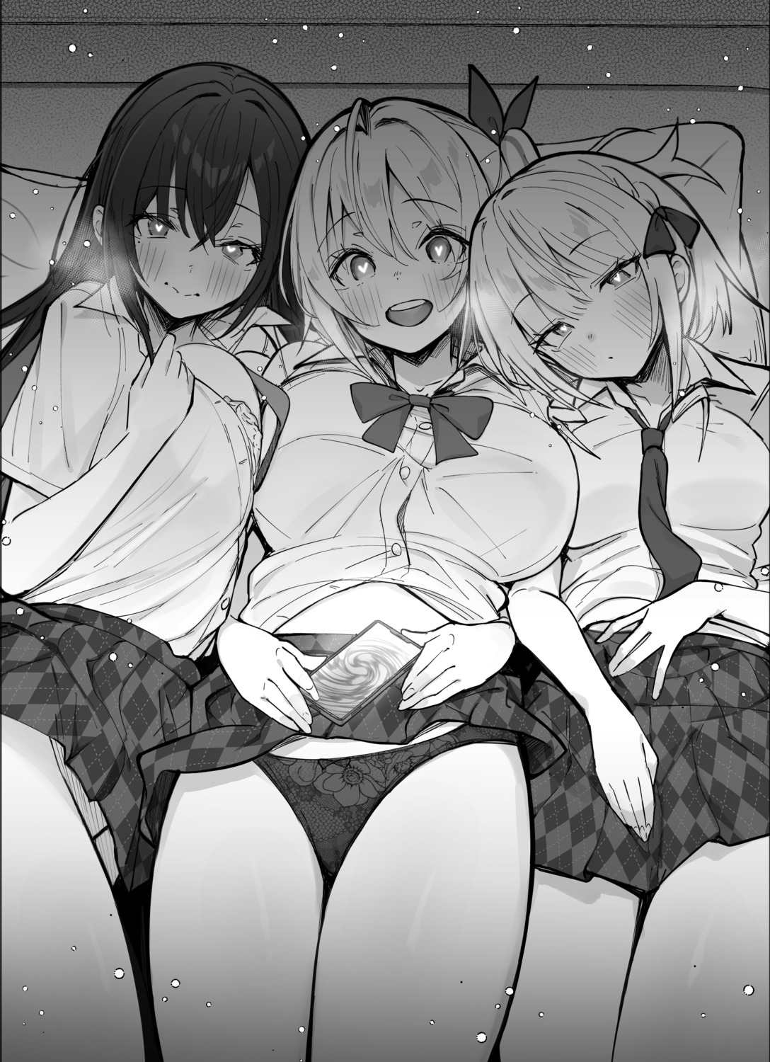 bra mappaninatta monochrome open_shirt pantsu seifuku skirt_lift teniireta_saimin_app_de_yumeno_harem_seikatsu_wo_okuritai