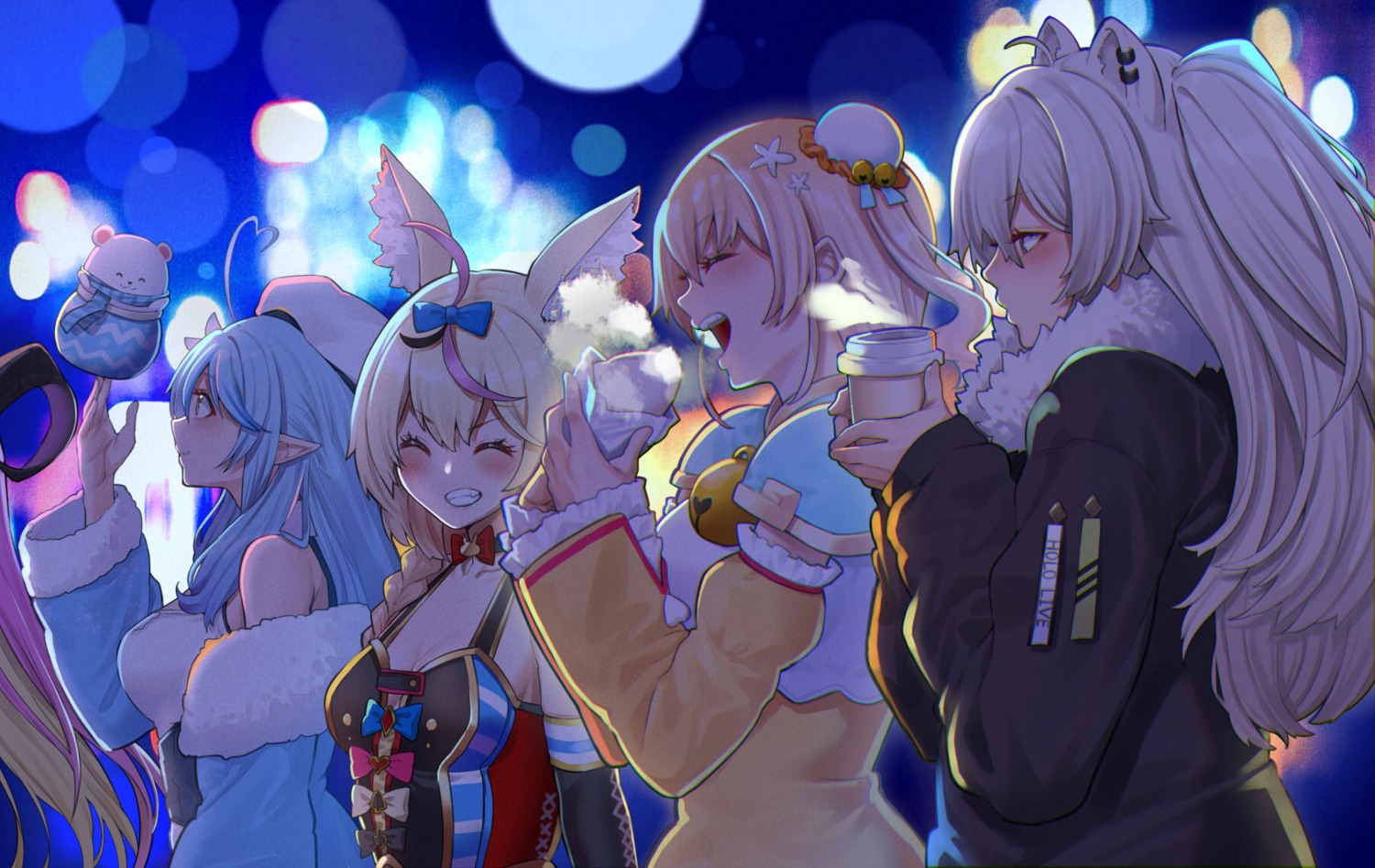 animal_ears armor asian_clothes cleavage hololive mano_aloe mikan_(chipstar182) momosuzu_nene omaru_polka pointy_ears shishiro_botan yukihana_lamy