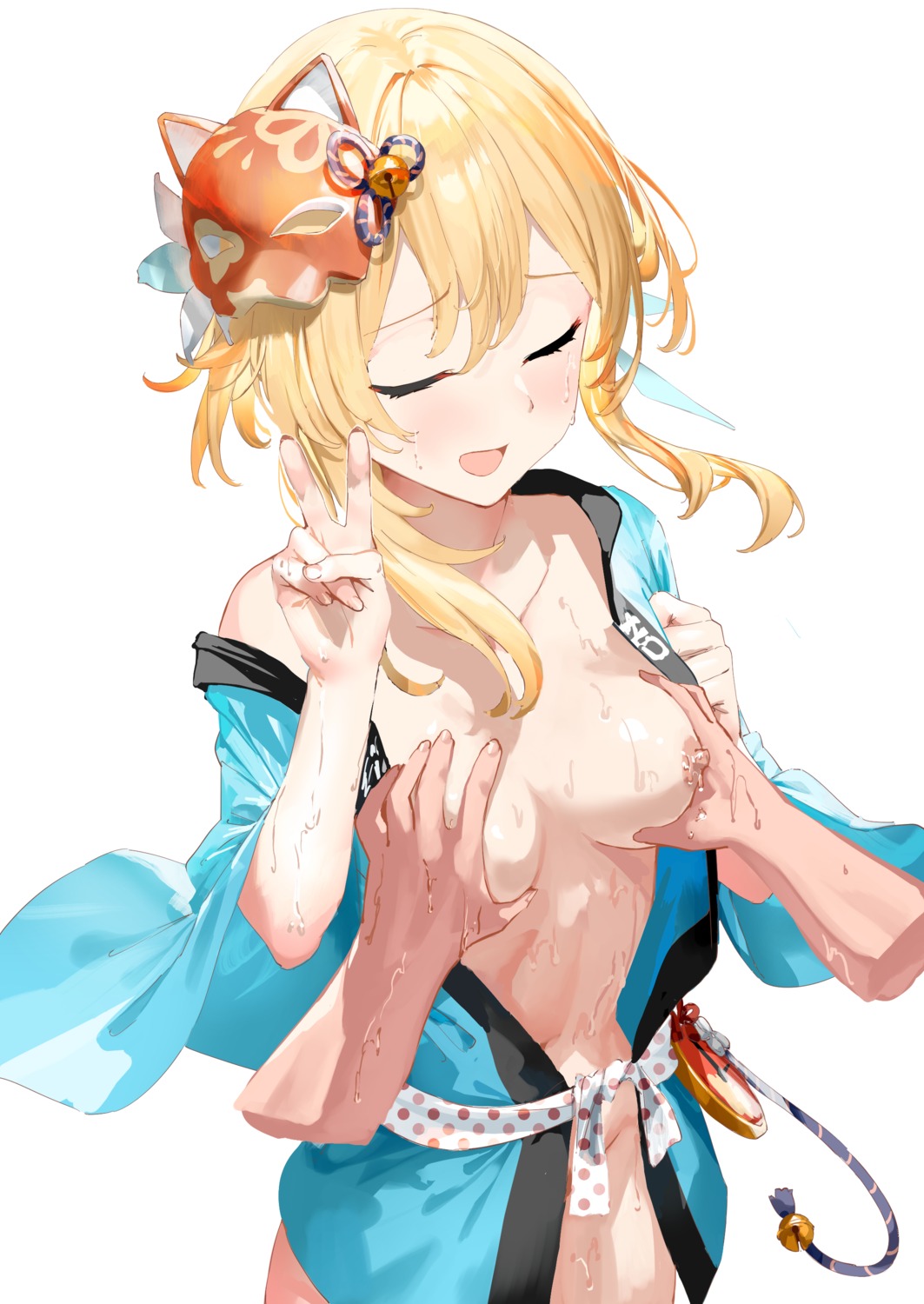 breast_grab breasts genshin_impact japanese_clothes lumine nipples no_bra nopan open_shirt wet xkirara39x