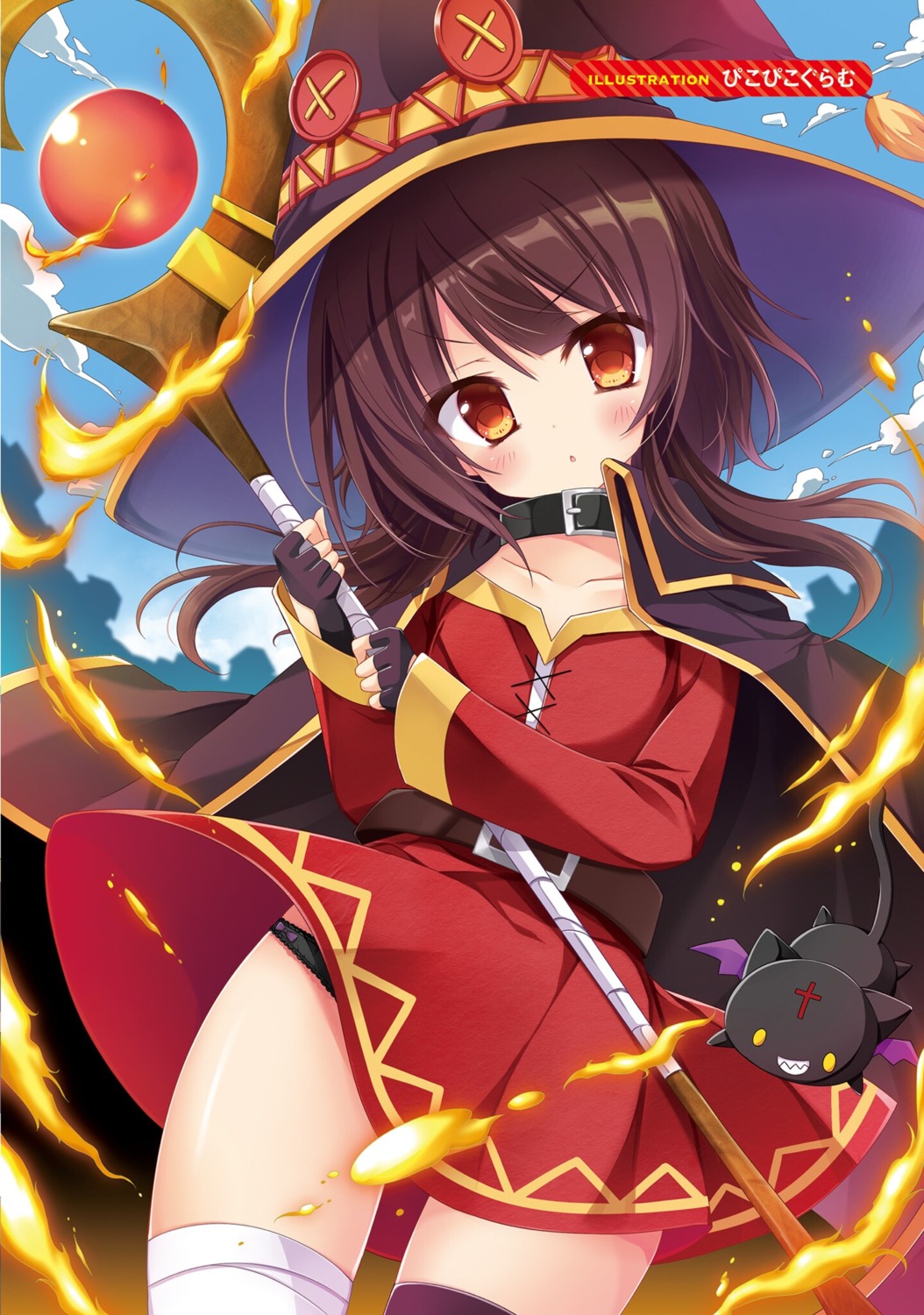 bandages chomusuke dress kono_subarashii_sekai_ni_shukufuku_wo! kono_subarashii_sekai_ni_shukufuku_wo!_megumin_anthology_aka megumin pantsu picpicgram skirt_lift thighhighs weapon