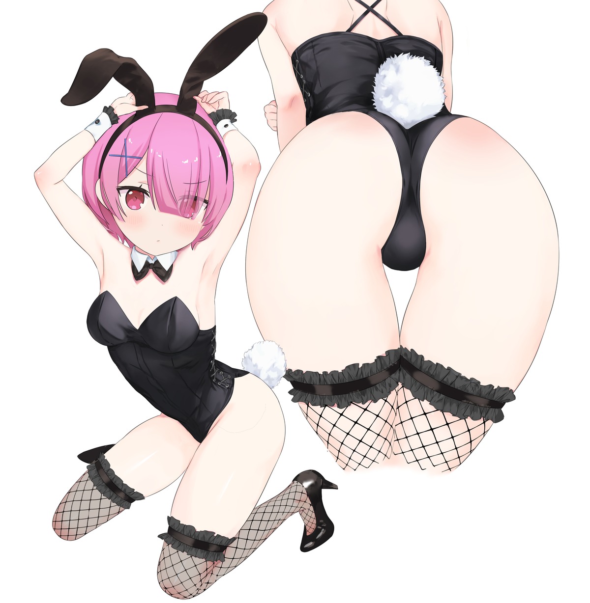 animal_ears ass bunny_ears bunny_girl echiru fishnets heels no_bra ram_(re_zero) re_zero_kara_hajimeru_isekai_seikatsu tail thighhighs