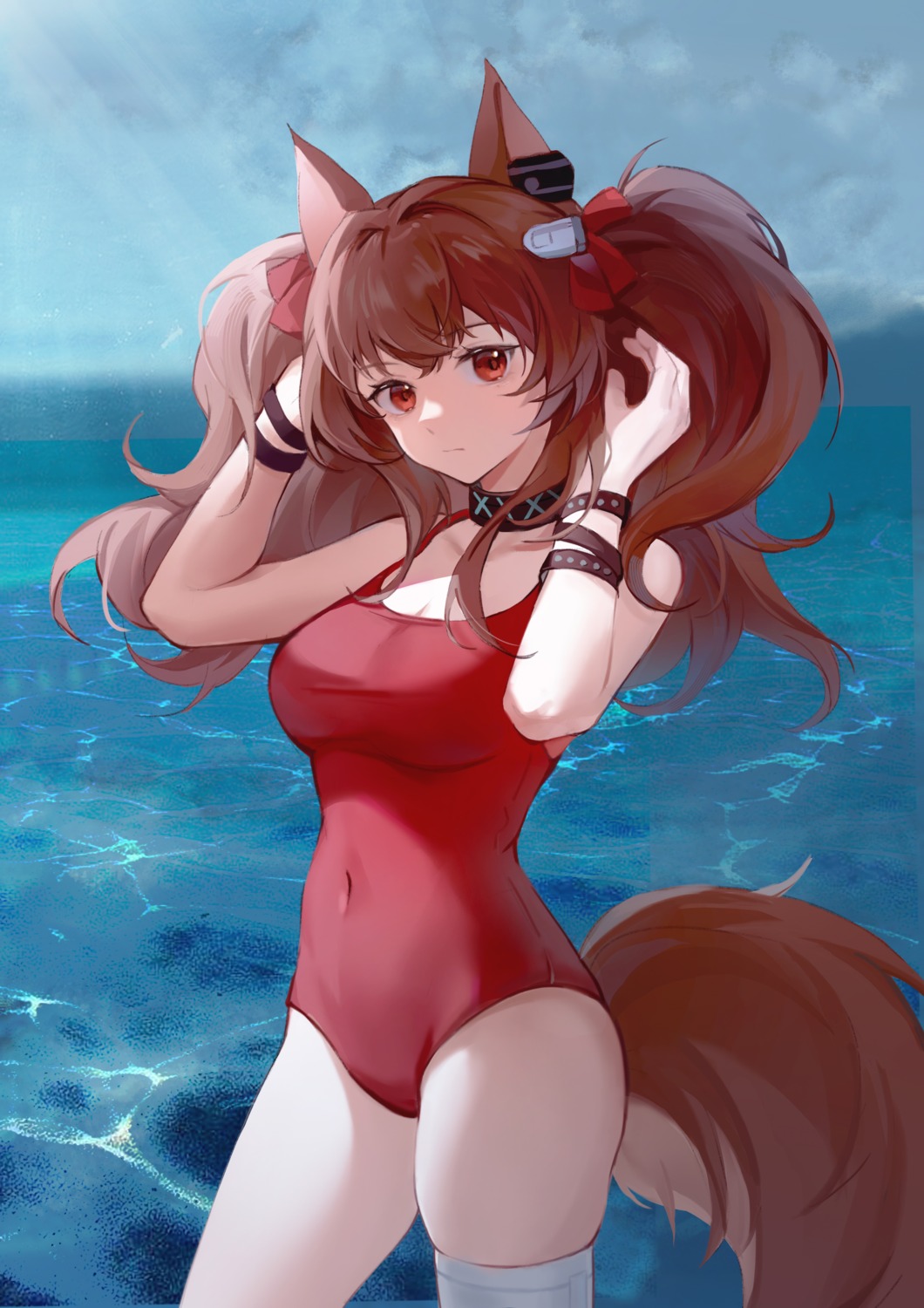 angelina_(arknights) animal_ears arknights cleavage ibbca swimsuits tail thighhighs