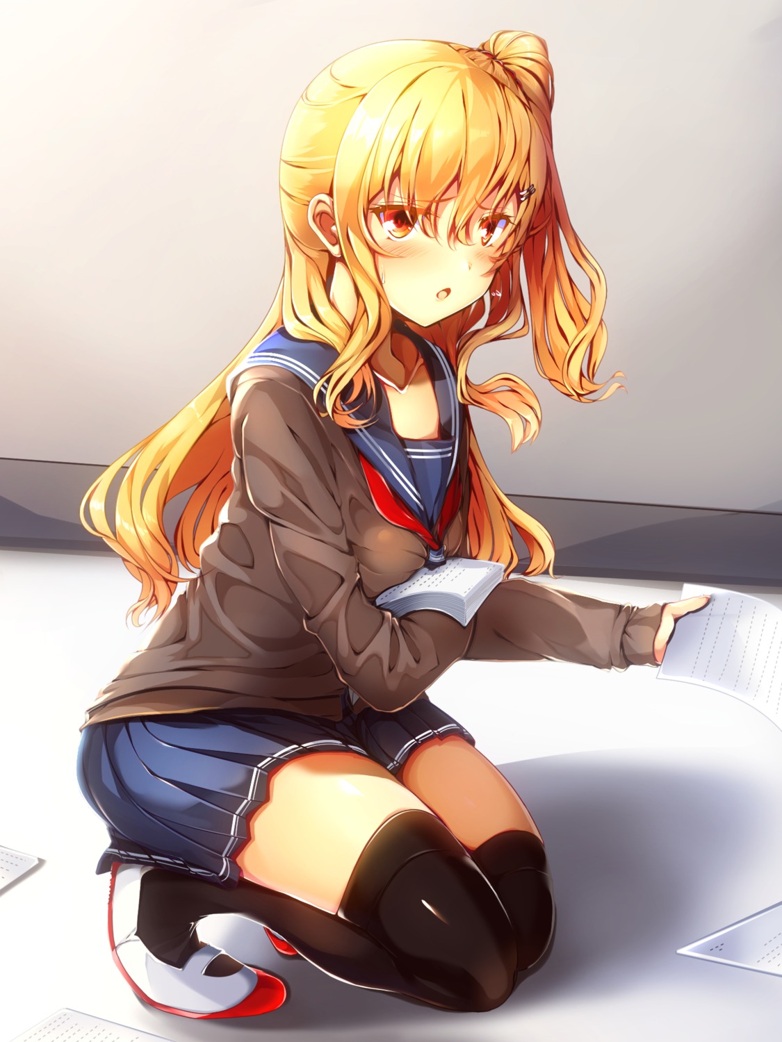 breast_hold seifuku sweater thighhighs tsukui_kachou