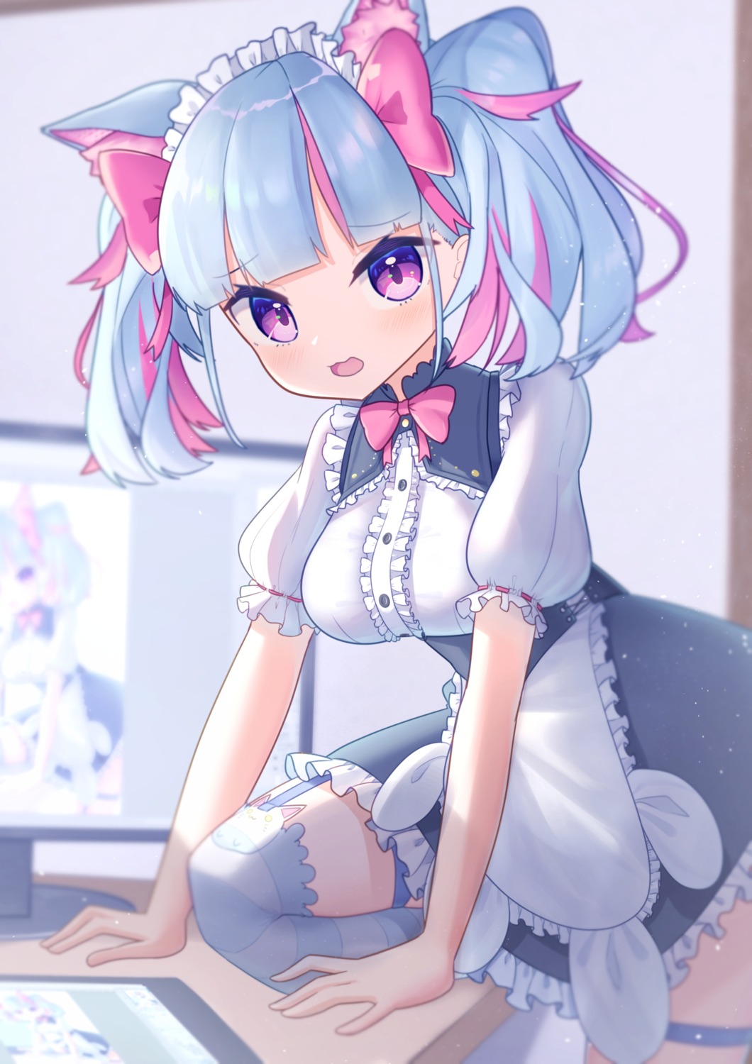 animal_ears garter kiramarukou maid skirt_lift stockings thighhighs