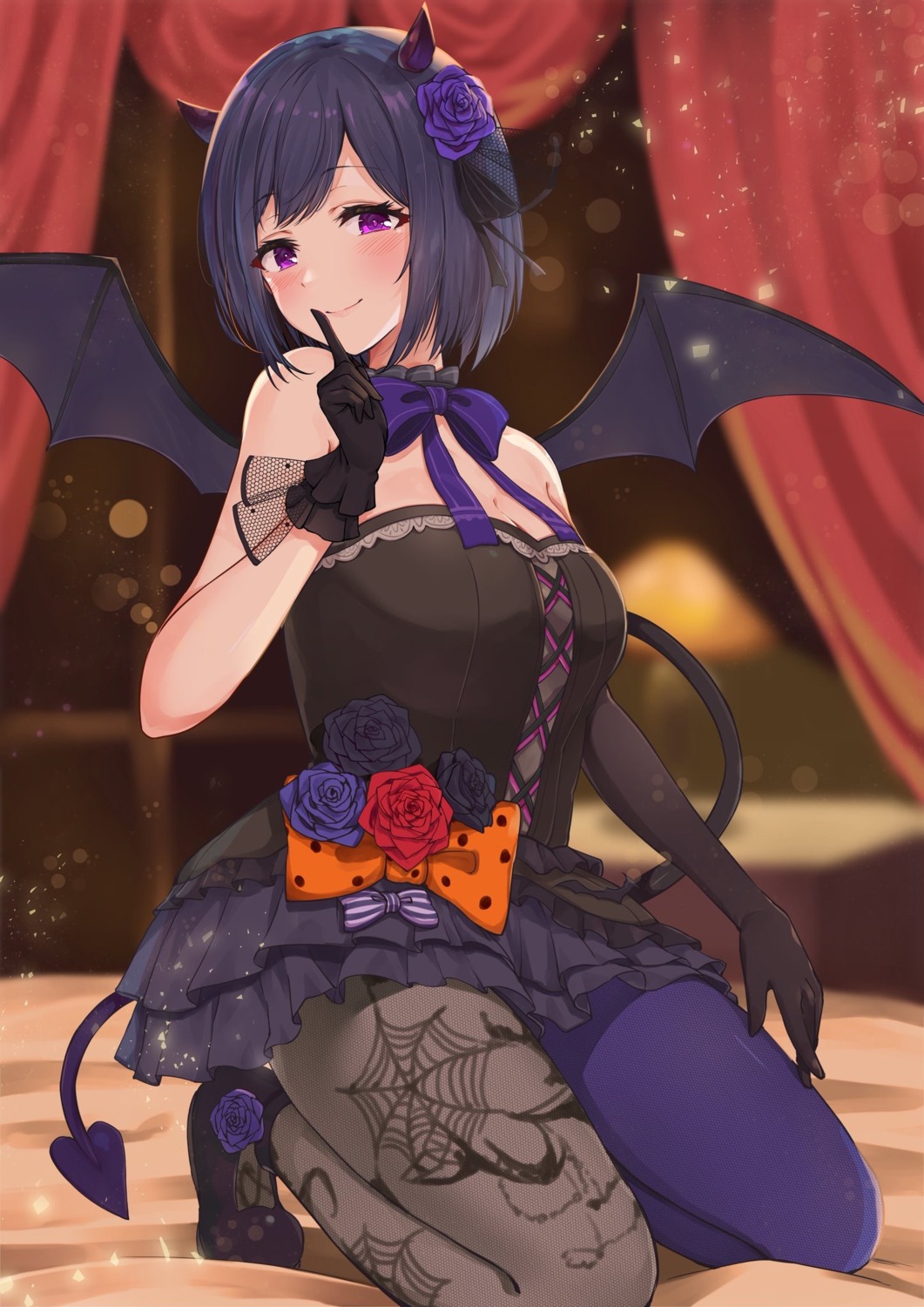 cleavage fishnets halloween horns nijisanji pantyhose racchi. shizuka_rin tail wings