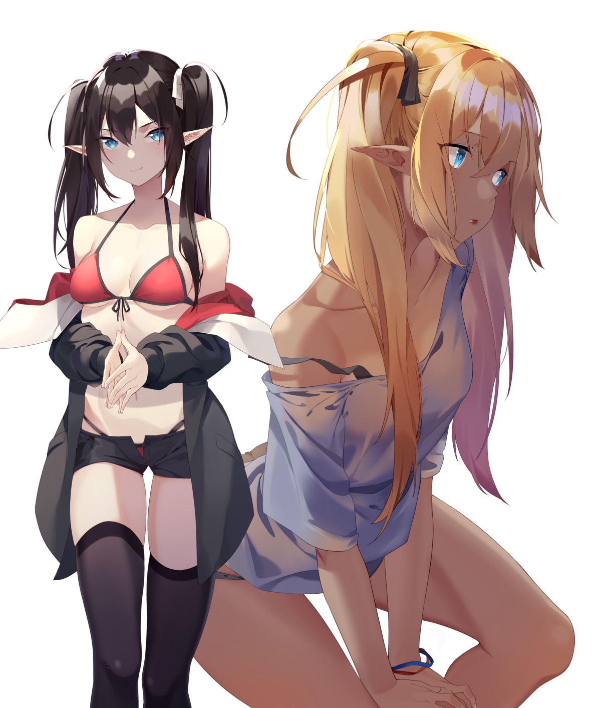 bikini cleavage open_shirt pointy_ears see_through swimsuits thighhighs underboob user_yzzn3747