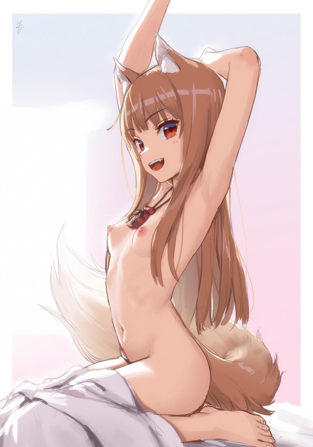 animal_ears holo kawakami_rokkaku loli naked nipples sheets sketch spice_and_wolf tail