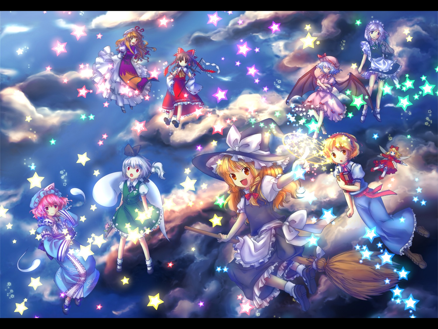 alice_margatroid enone hakurei_reimu izayoi_sakuya kirisame_marisa konpaku_youmu myon remilia_scarlet saigyouji_yuyuko shanghai_doll touhou wallpaper yakumo_yukari