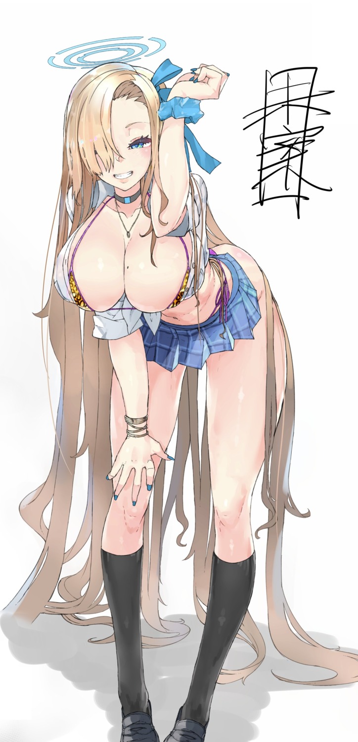 bikini blue_archive halo ichinose_asuna miannille open_shirt see_through seifuku skirt_lift swimsuits