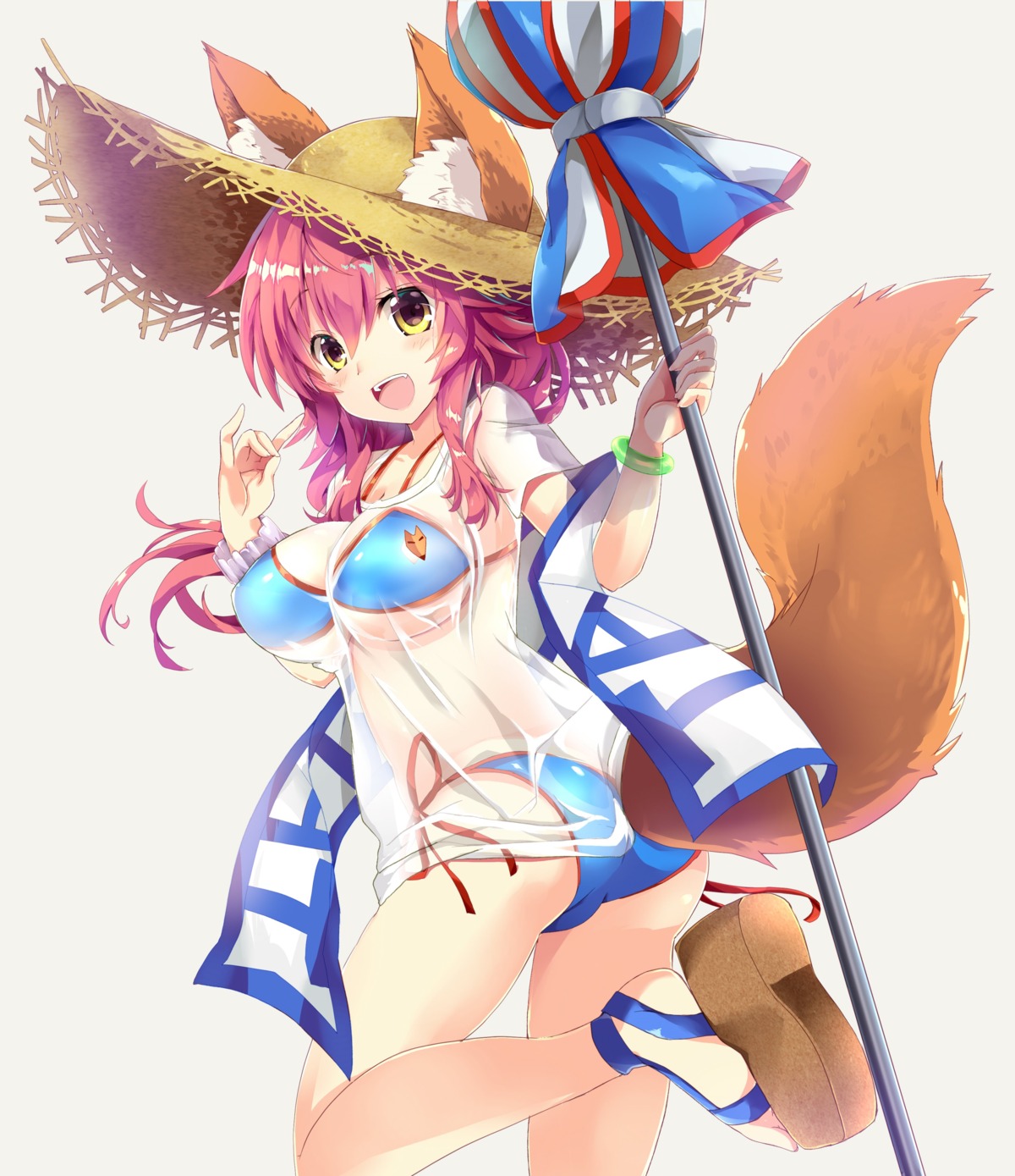 animal_ears ass bikini fate/extra fate/grand_order fate/stay_night kitsune maruchan see_through swimsuits tail tamamo_no_mae