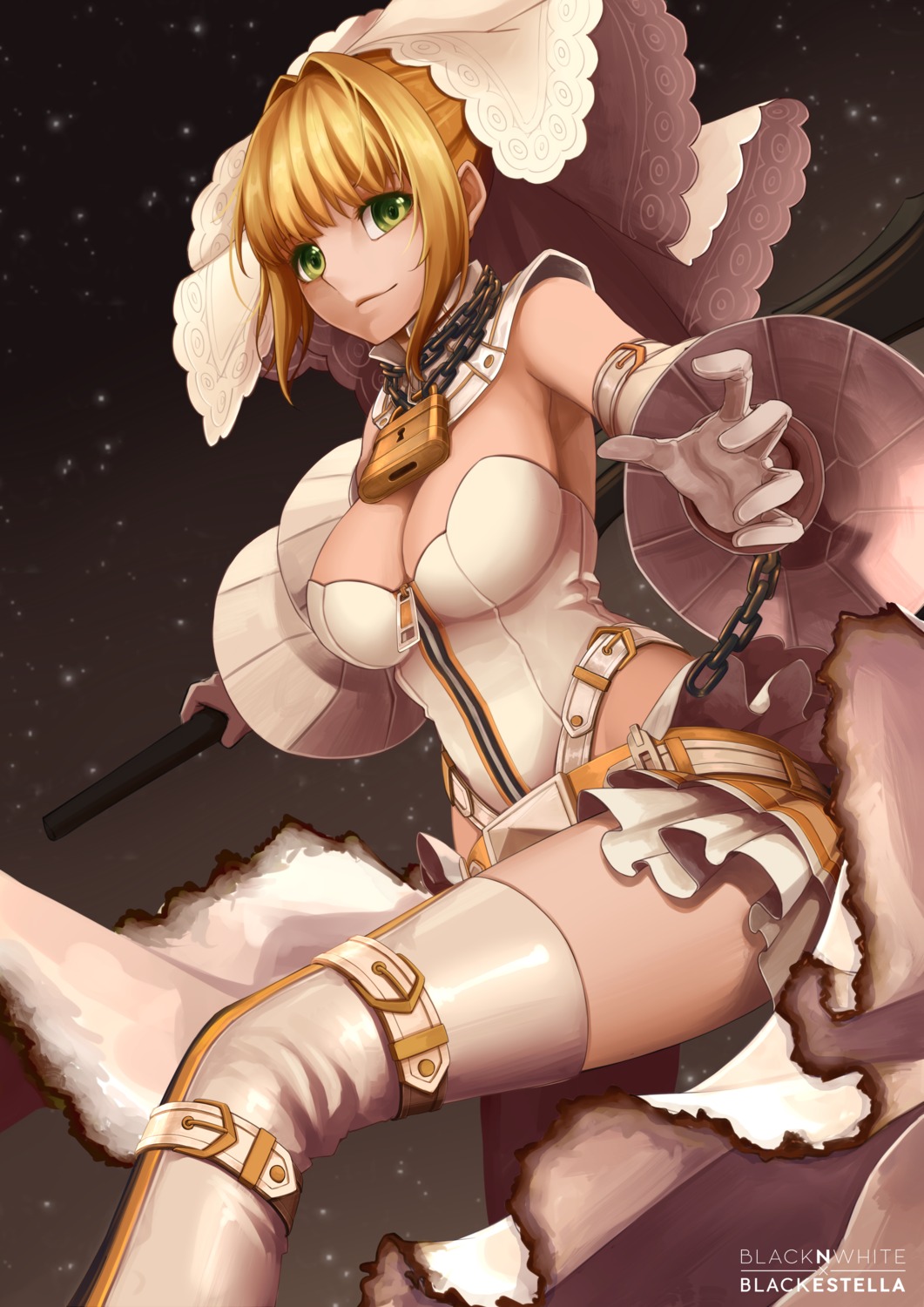 blackestella bodysuit cleavage fate/extra fate/extra_ccc fate/stay_night saber_bride saber_extra thighhighs weapon
