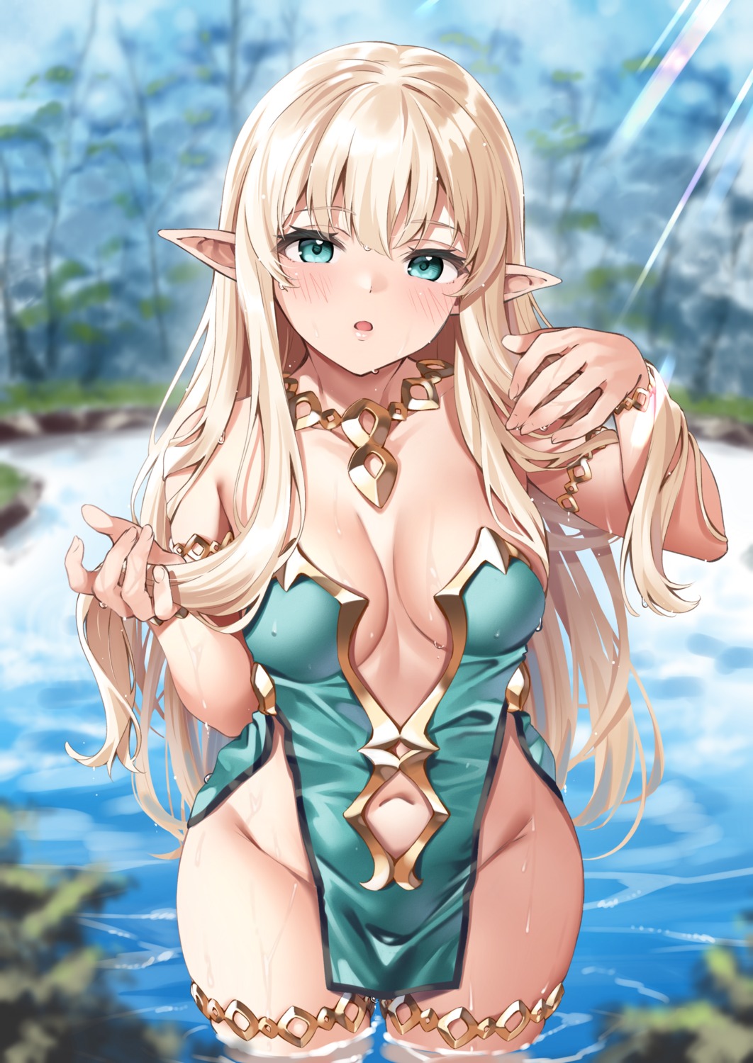 cleavage dress ebifurya elf garter no_bra nopan pointy_ears wet