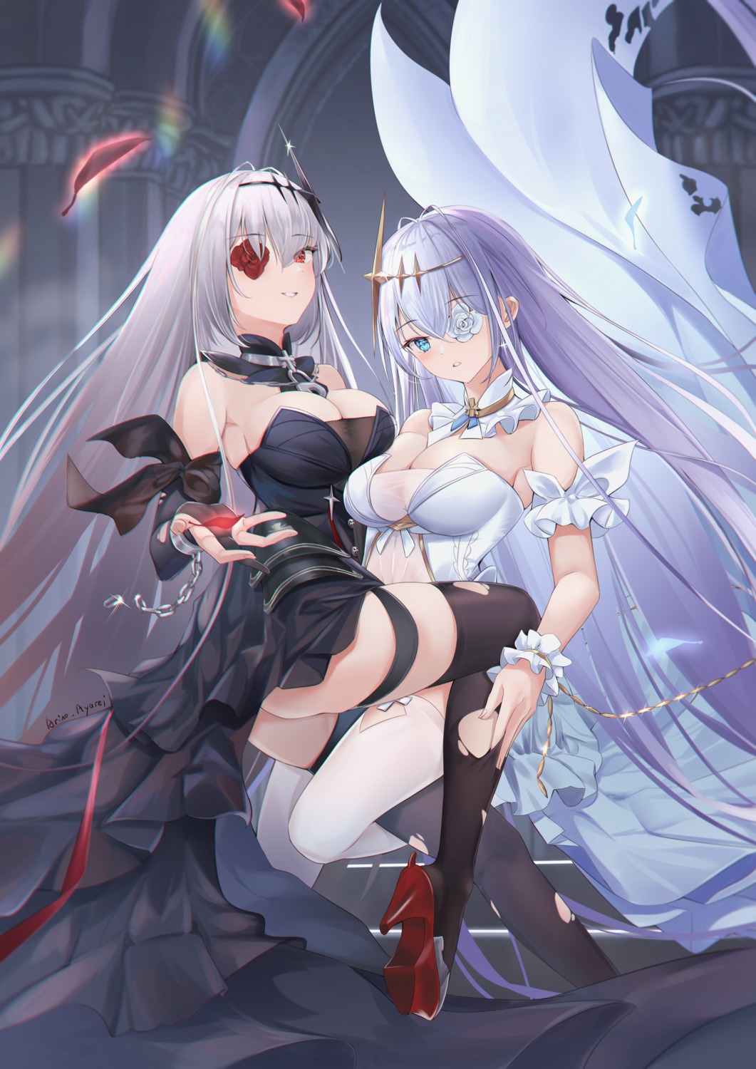 arino_ayarei ass azur_lane cleavage dress emden_(azur_lane) eyepatch garter heels no_bra see_through skirt_lift thighhighs torn_clothes yuri