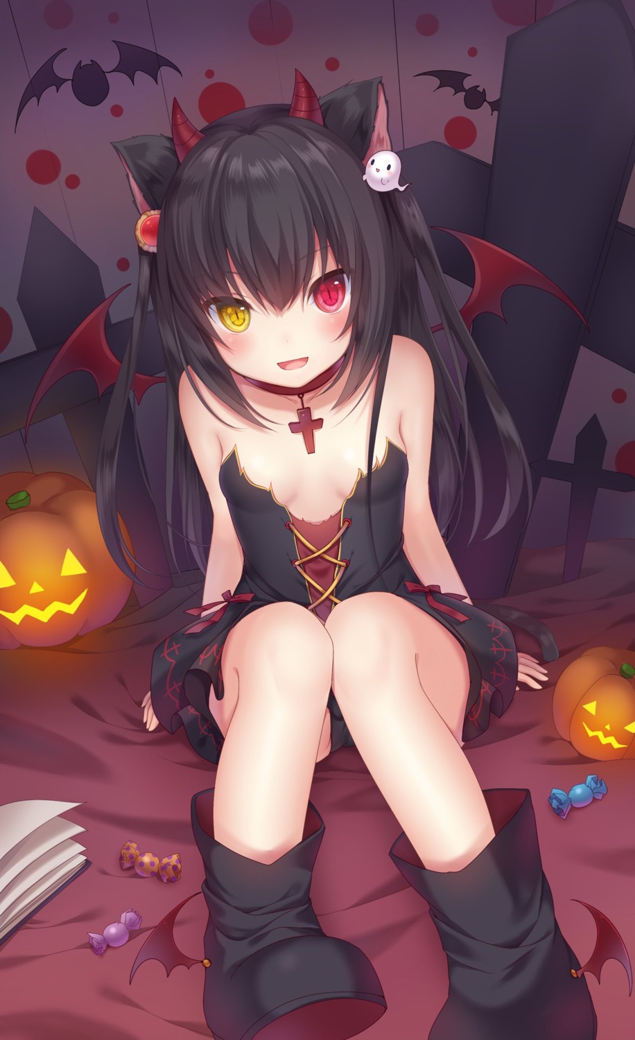 amashiro_natsuki animal_ears cleavage dress halloween heterochromia horns nekomimi no_bra pantsu tail wings