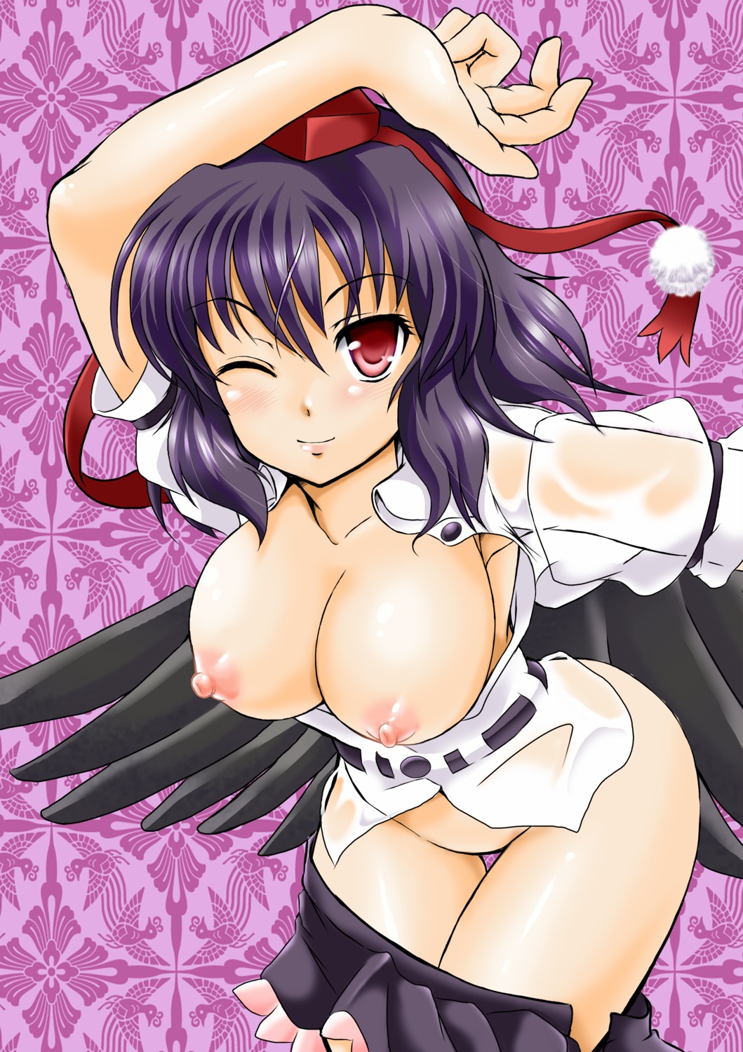 breasts nipples nopan open_shirt shameimaru_aya touhou tsujihatago undressing wings