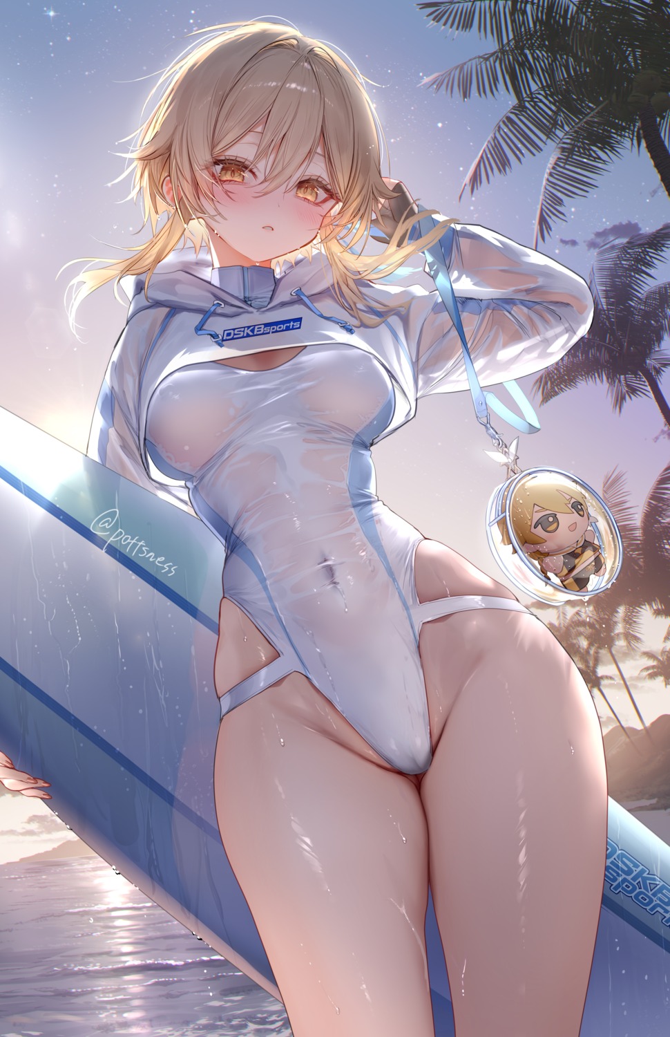 aether cameltoe chibi erect_nipples genshin_impact lumine pottsness see_through swimsuits wet wet_clothes