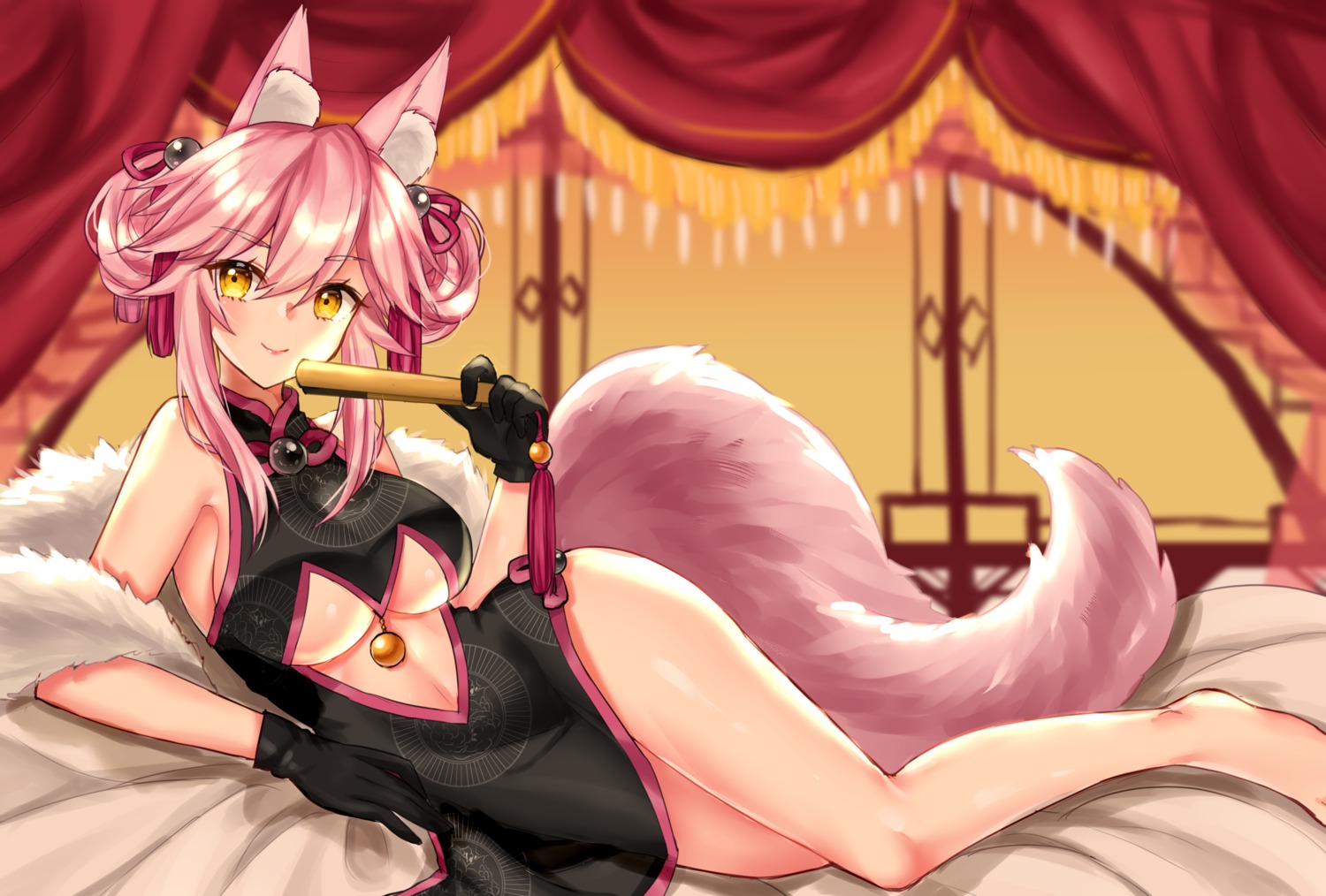 animal_ears chinadress fate/grand_order nao_naoko no_bra skirt_lift tail tamamo_vitch_koyanskaya