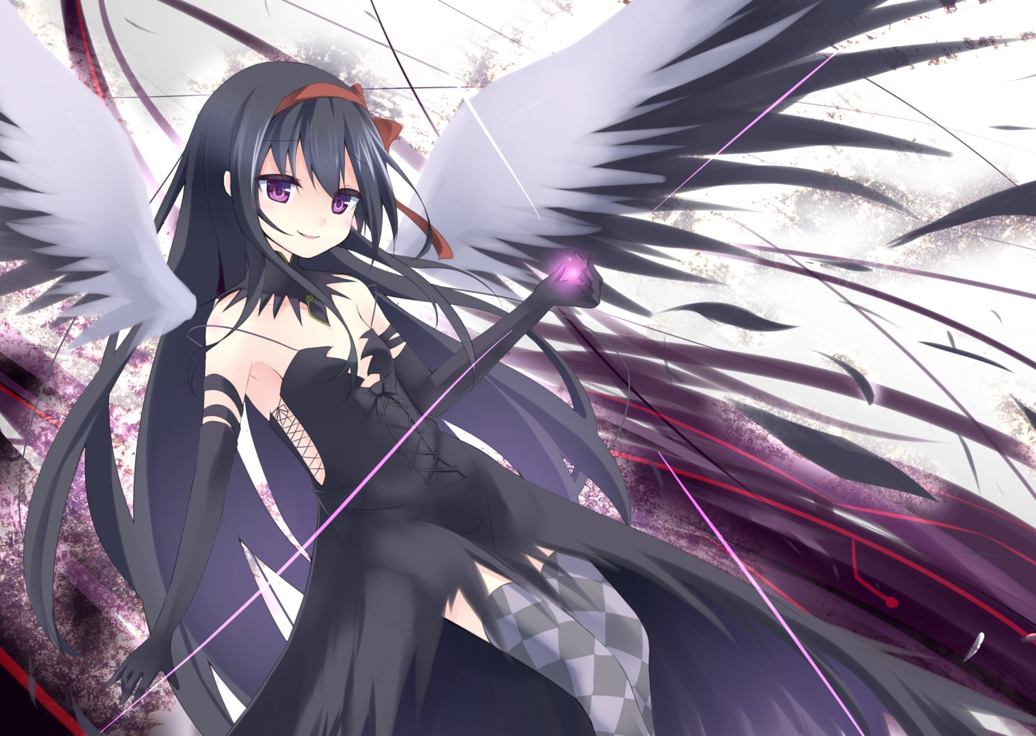 akemi_homura dress makadamixa puella_magi_madoka_magica thighhighs wings