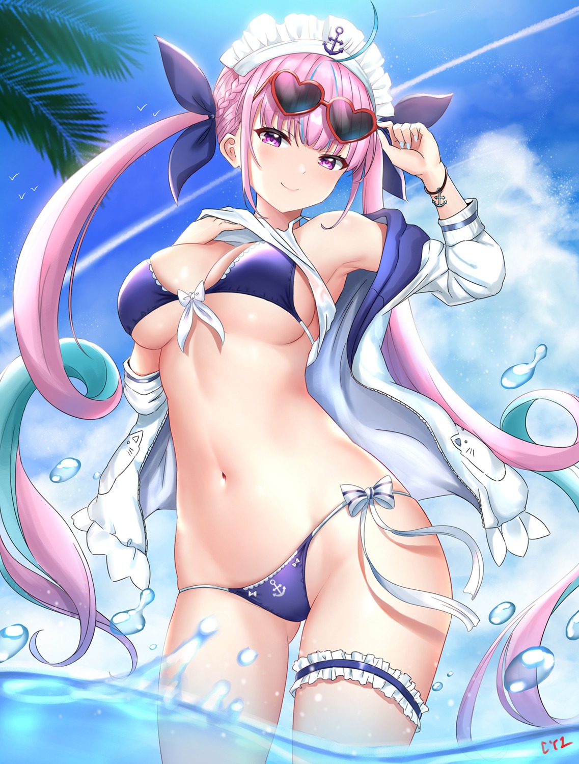 bikini cyicheng garter hololive megane minato_aqua open_shirt swimsuits wet