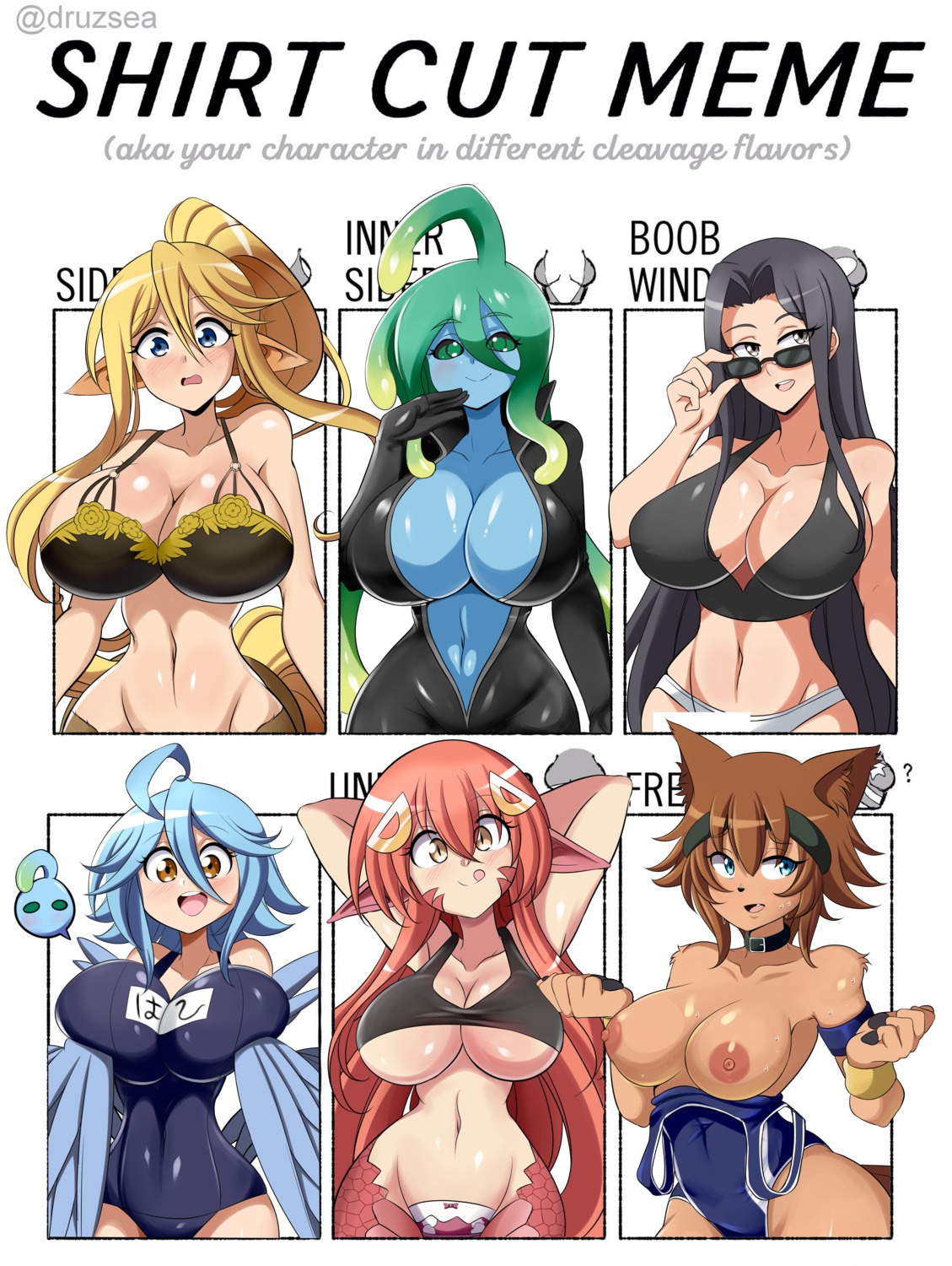 animal_ears bodysuit bottomless bra breast_hold breasts centaurea_shianus lucyfercomic megane miia_(monster_musume) monster_girl monster_musume_no_iru_nichijou nipples no_bra open_shirt pantsu papi pointy_ears polt school_swimsuit sumisu_kuroko suu_(monster_musume) swimsuits tail underboob undressing wet wings