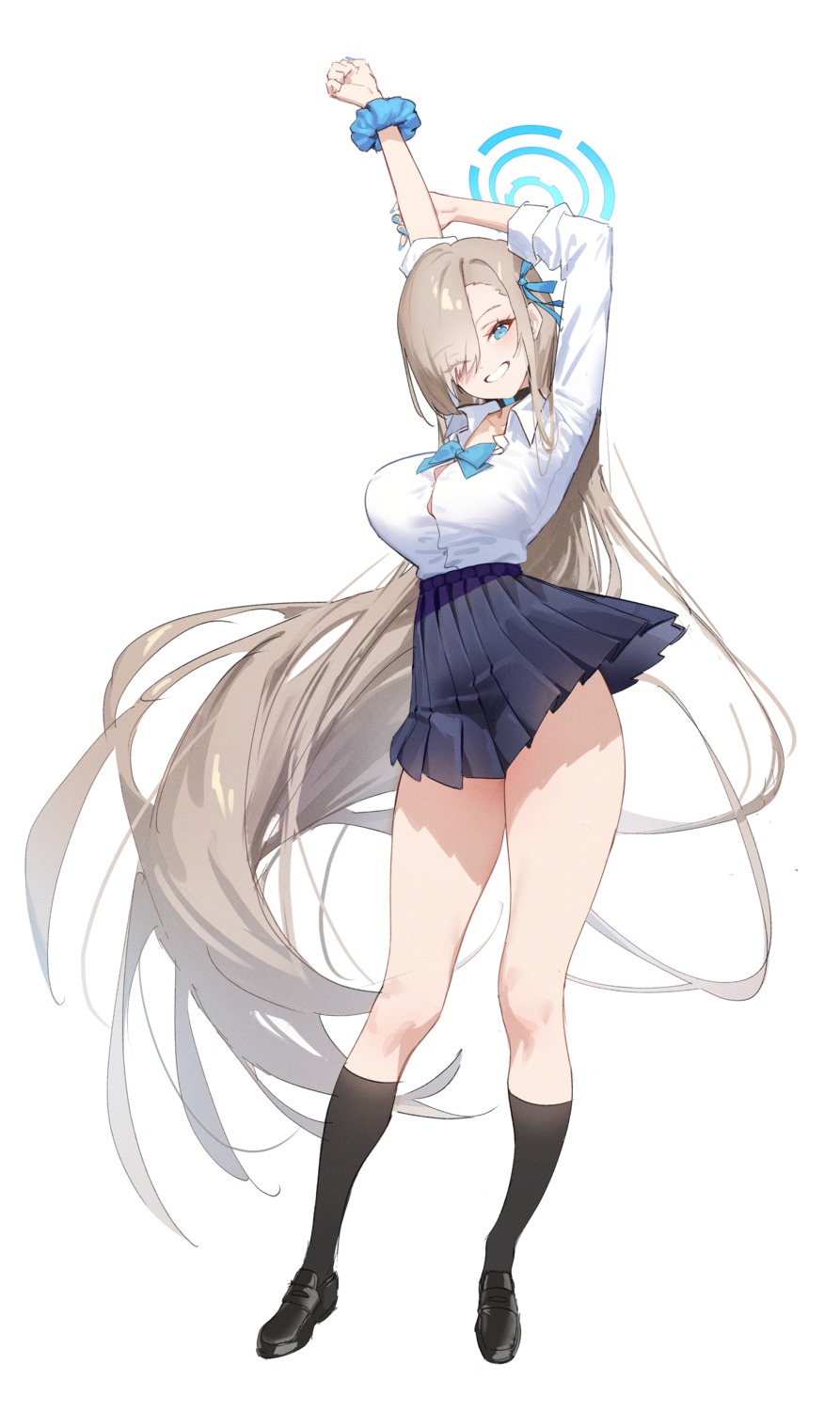 blue_archive dai_nikucho halo ichinose_asuna open_shirt seifuku skirt_lift