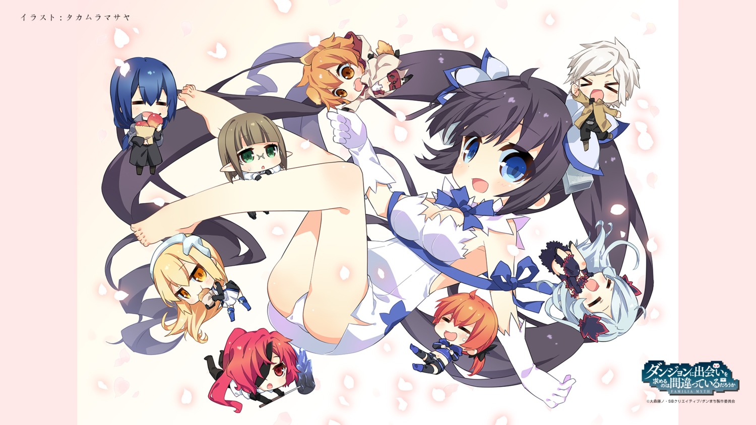 aiz_wallenstein ass bell_cranel chibi cleavage dress dungeon_ni_deai_wo_motomeru_no_wa_machigatteiru_darou_ka eina_tulle eyepatch feet freya_(danmachi) hephaistos_(danmachi) hestia_(danmachi) liliruca_arde loki_(danmachi) megane no_bra pantsu pointy_ears takamura_masaya thighhighs weapon