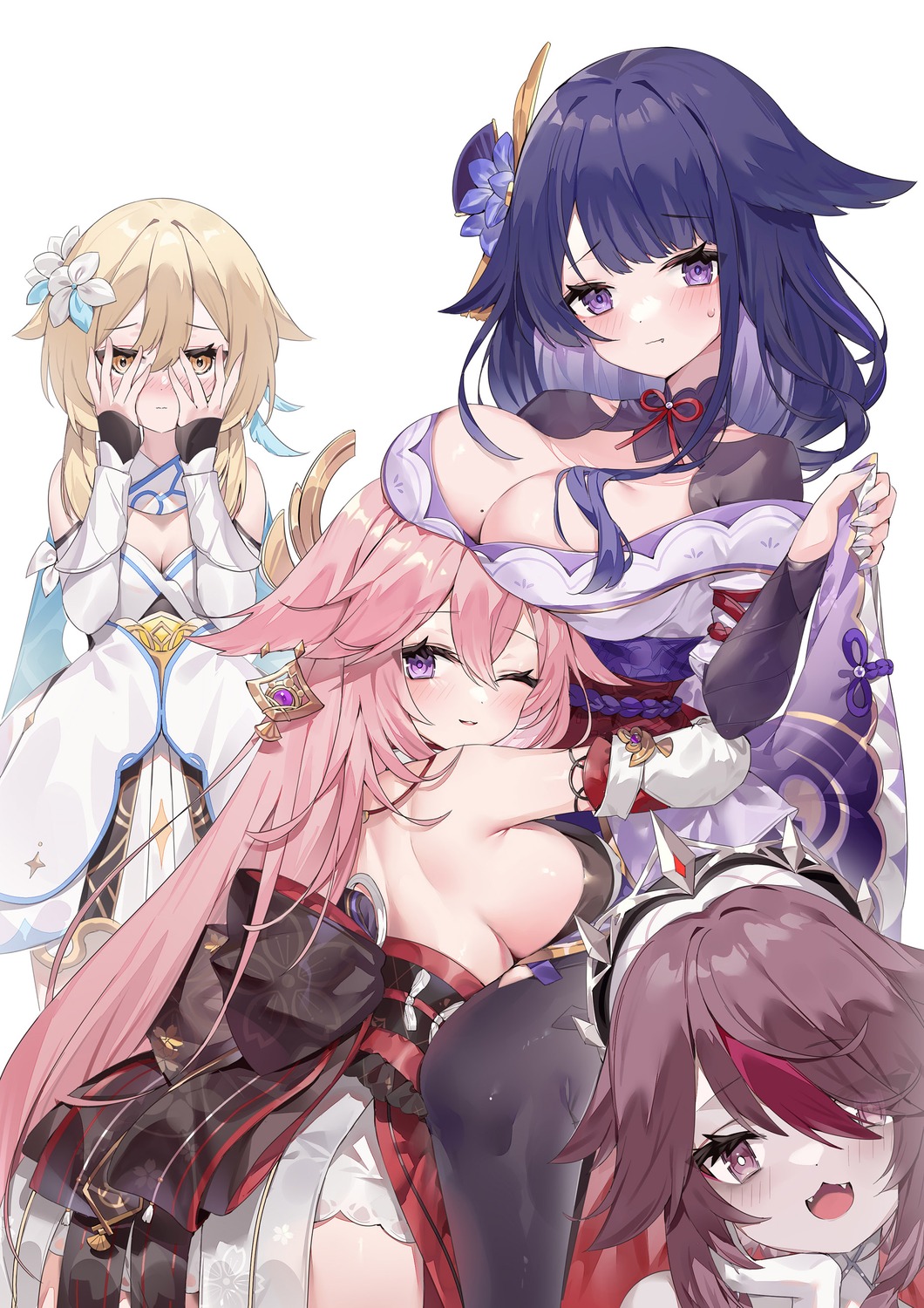 animal_ears genshin_impact japanese_clothes kitsune lumine no_bra open_shirt raiden_shogun rosaria yae_miko yuia yuri