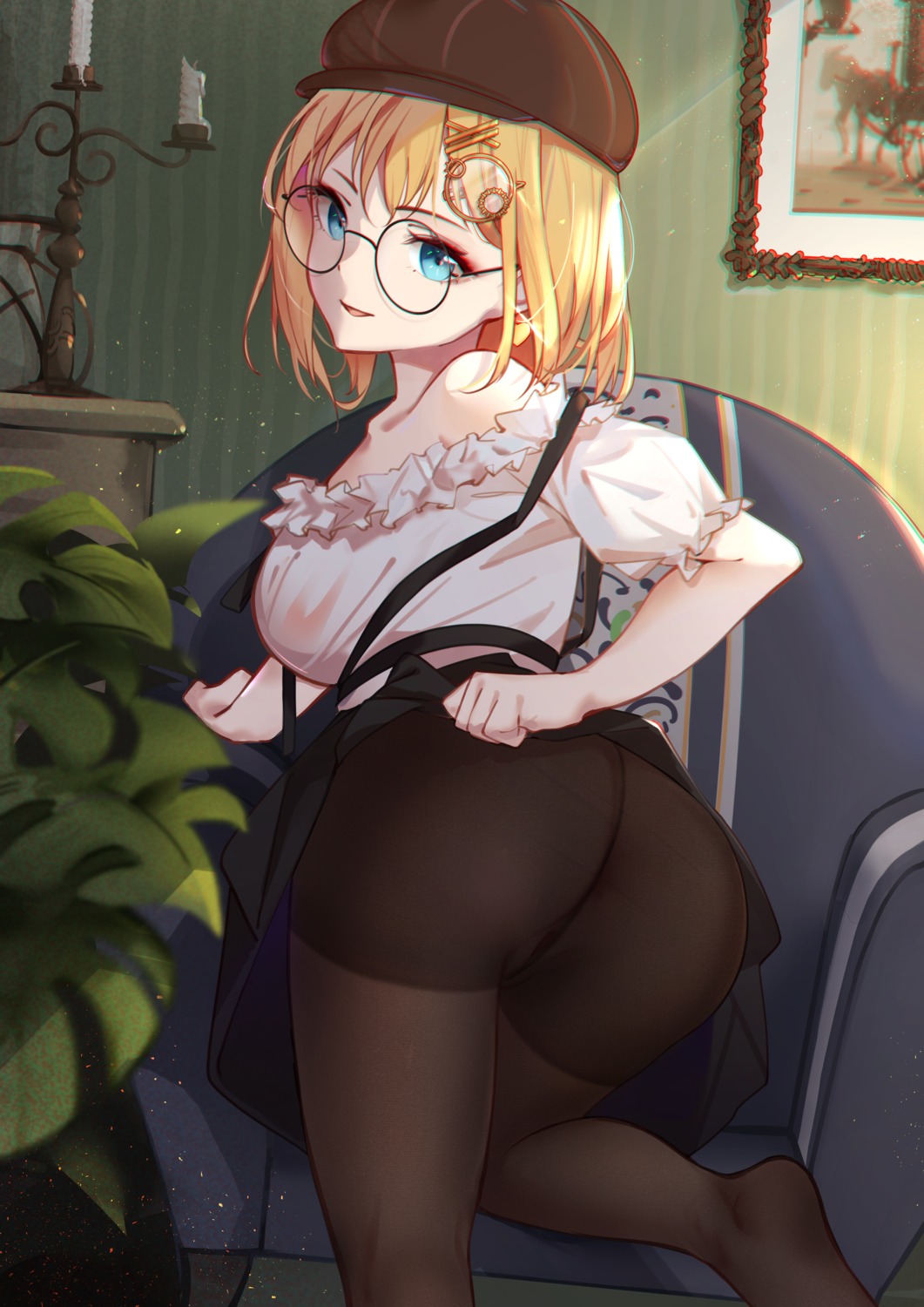 ass faicha hololive hololive_english megane nopan pantyhose pussy see_through skirt_lift watson_amelia