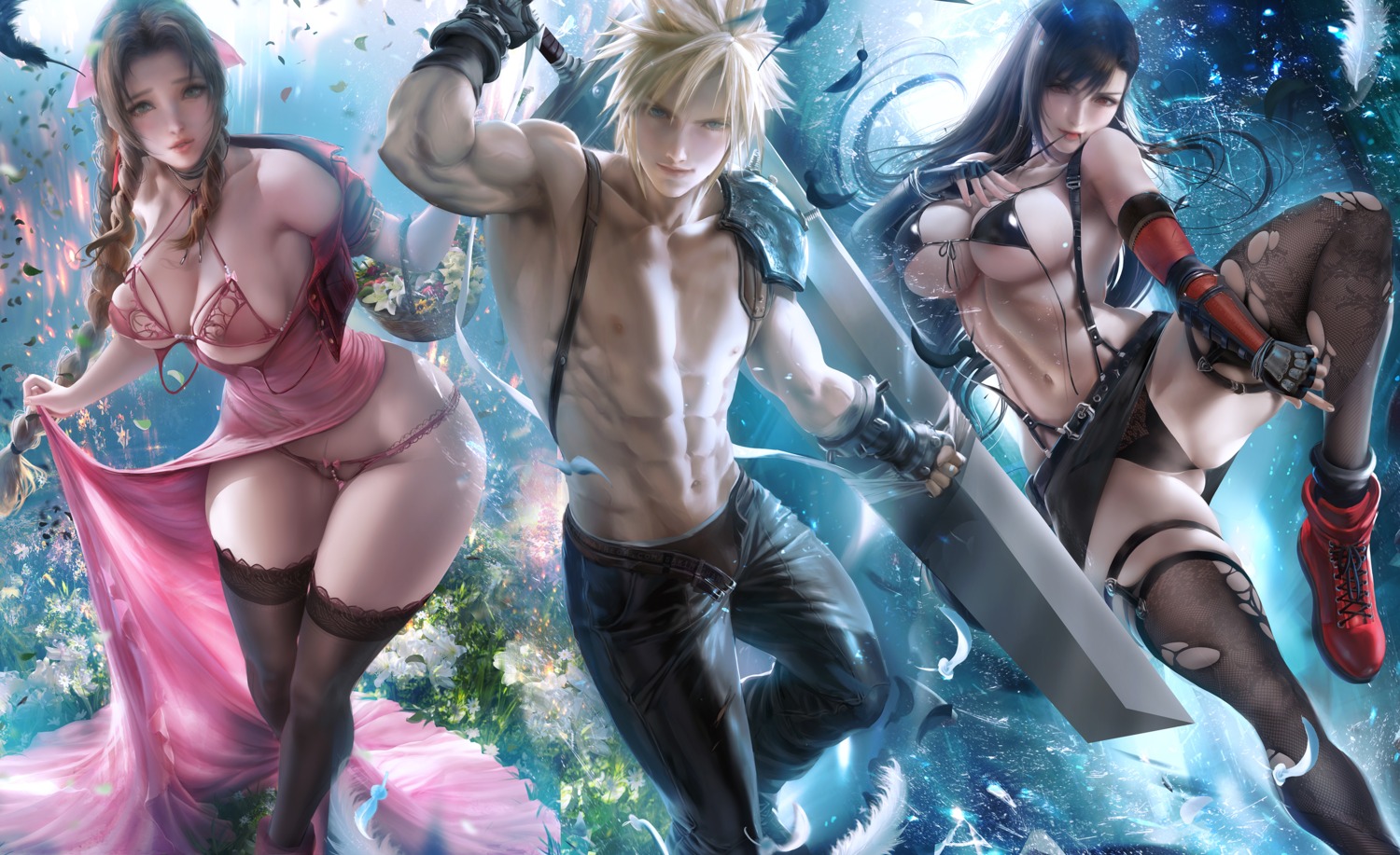 aerith_gainsborough bra cloud_strife dress final_fantasy final_fantasy_vii garter pantsu sakimichan see_through skirt_lift stockings sword thighhighs thong tifa_lockhart torn_clothes