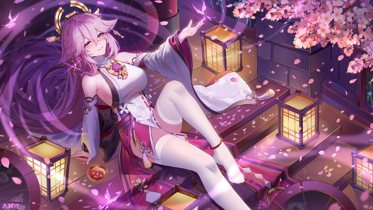 animal_ears dahe_zhuang_(yishi_fanhua) genshin_impact kitsune miko no_bra thighhighs yae_miko